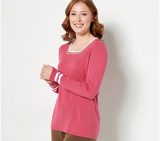 "As Is" Susan Graver Long- Sleeve Square- Neck Sweater w/ Tipping Detail