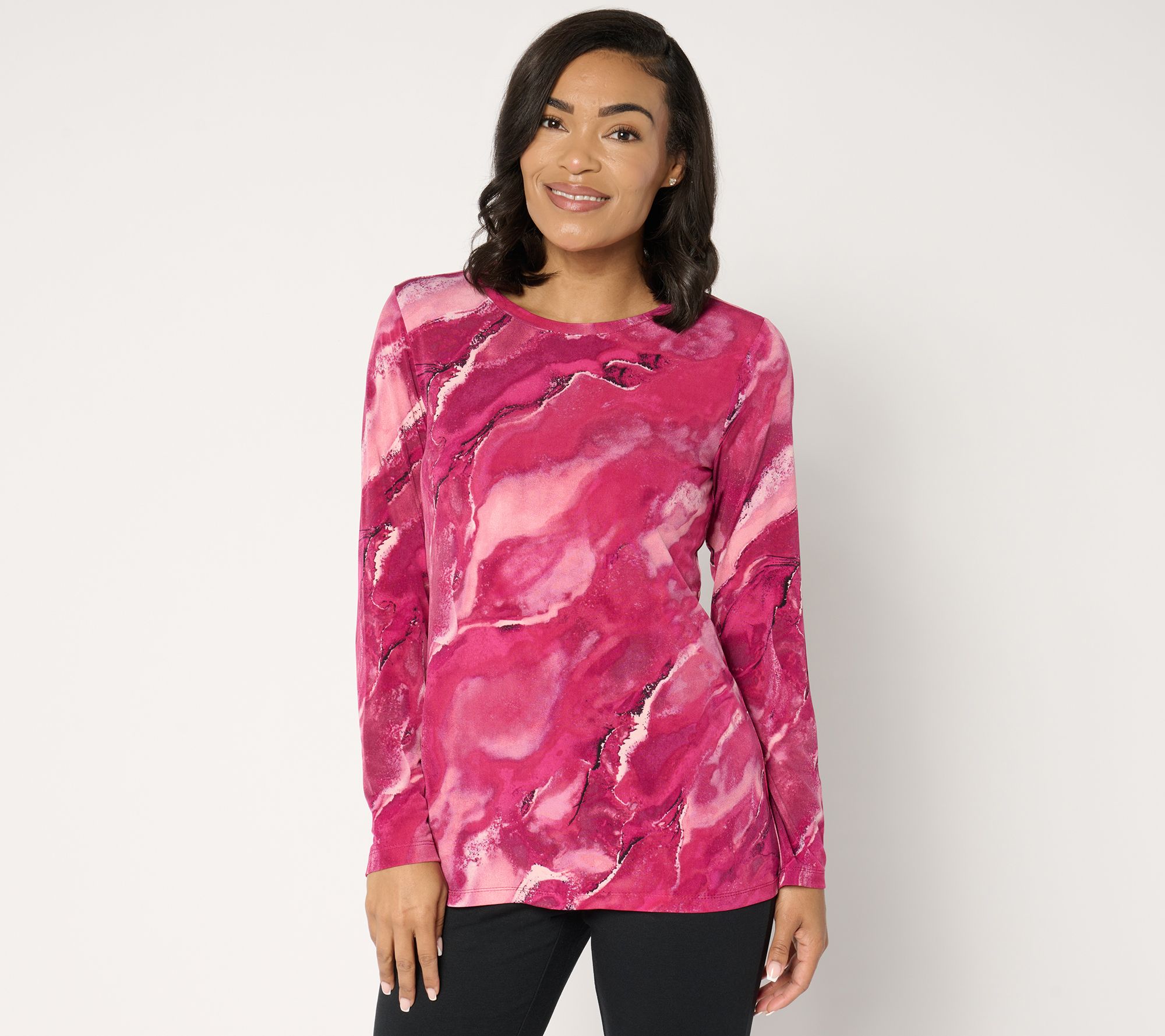 Susan Graver Printed Liquid Knit Long Sleeve Crew Neck Top