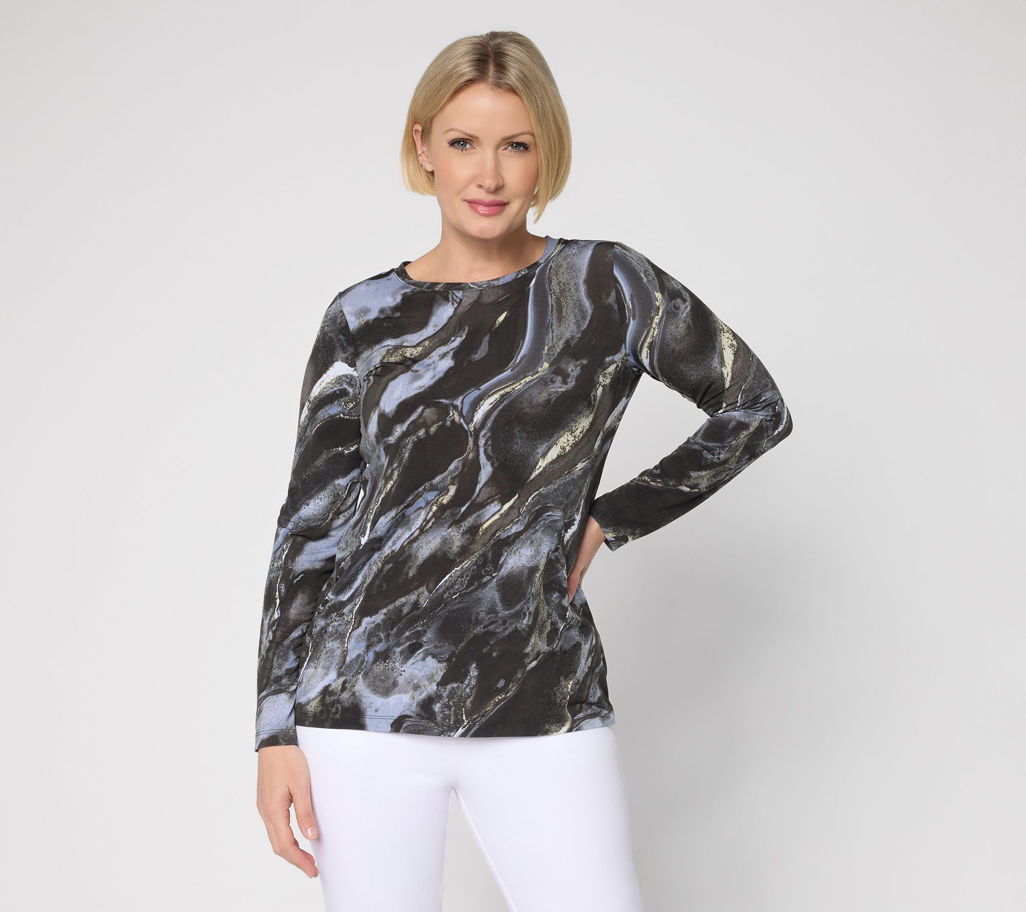 Susan Graver Printed Liquid Knit Long Sleeve Crew Neck Top