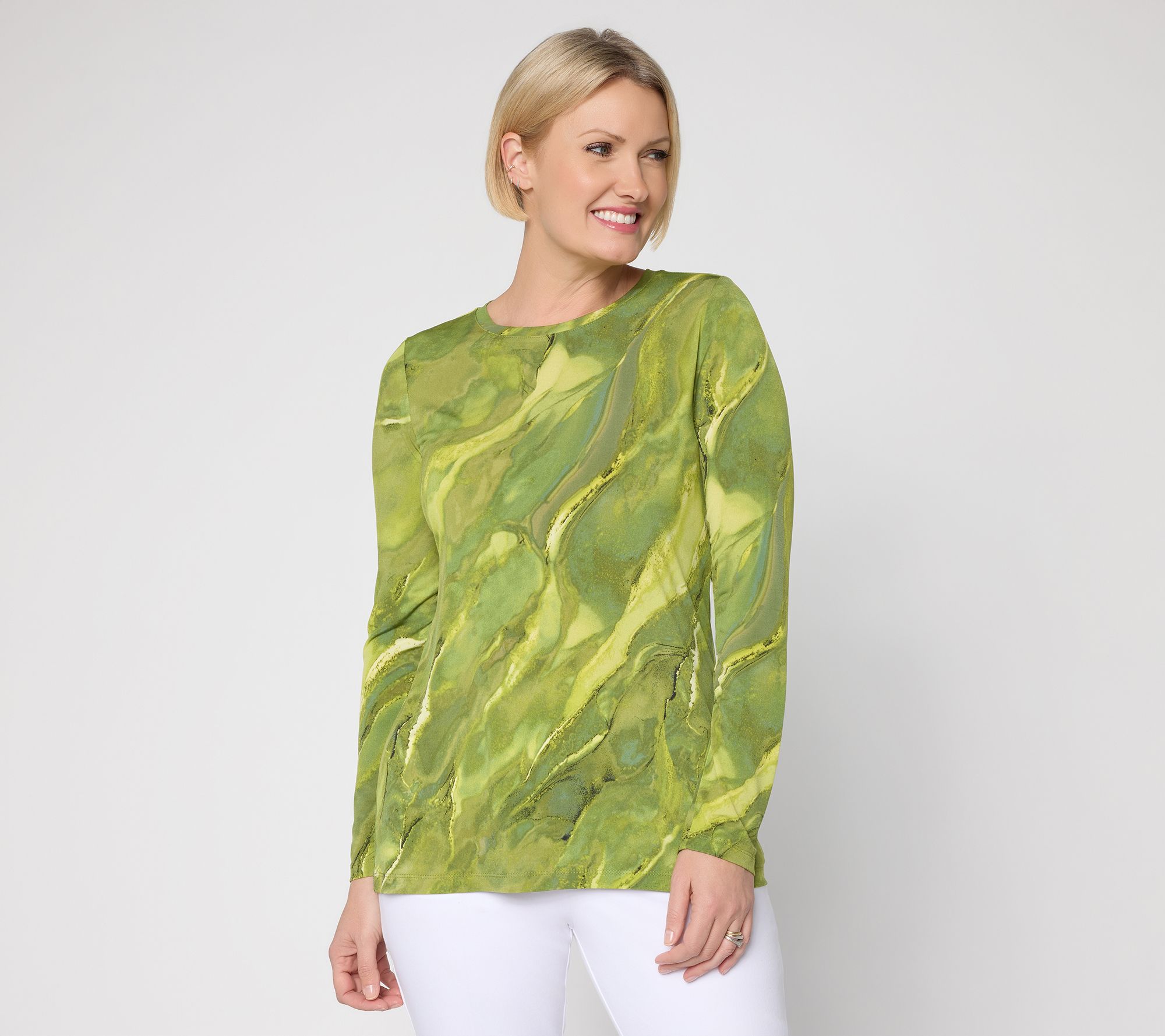 Susan Graver Printed Liquid Knit Long Sleeve Crew Neck Top