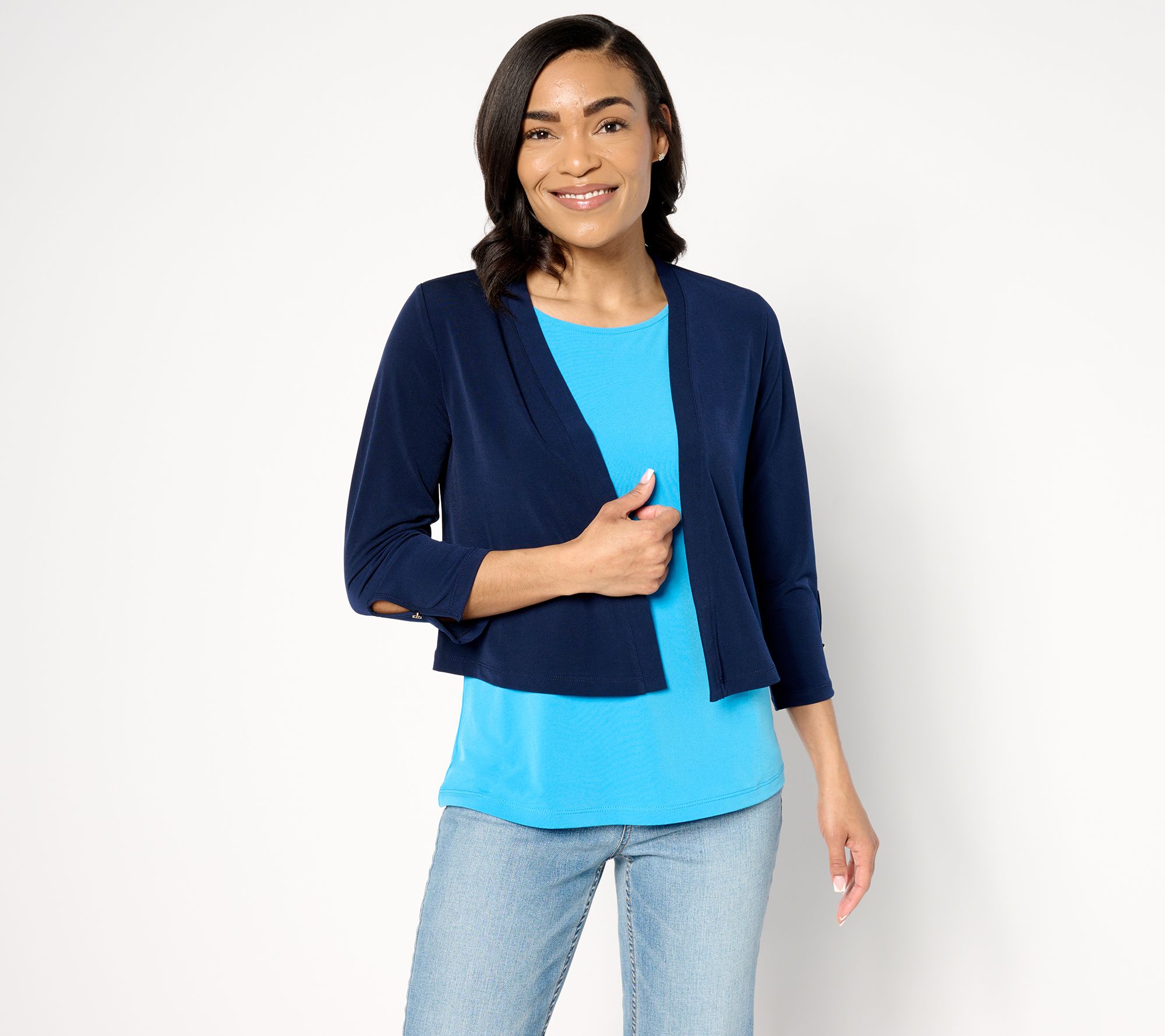 Susan Graver Liquid Knit Open-Front 3/4 Sleeve Shrug w/Button