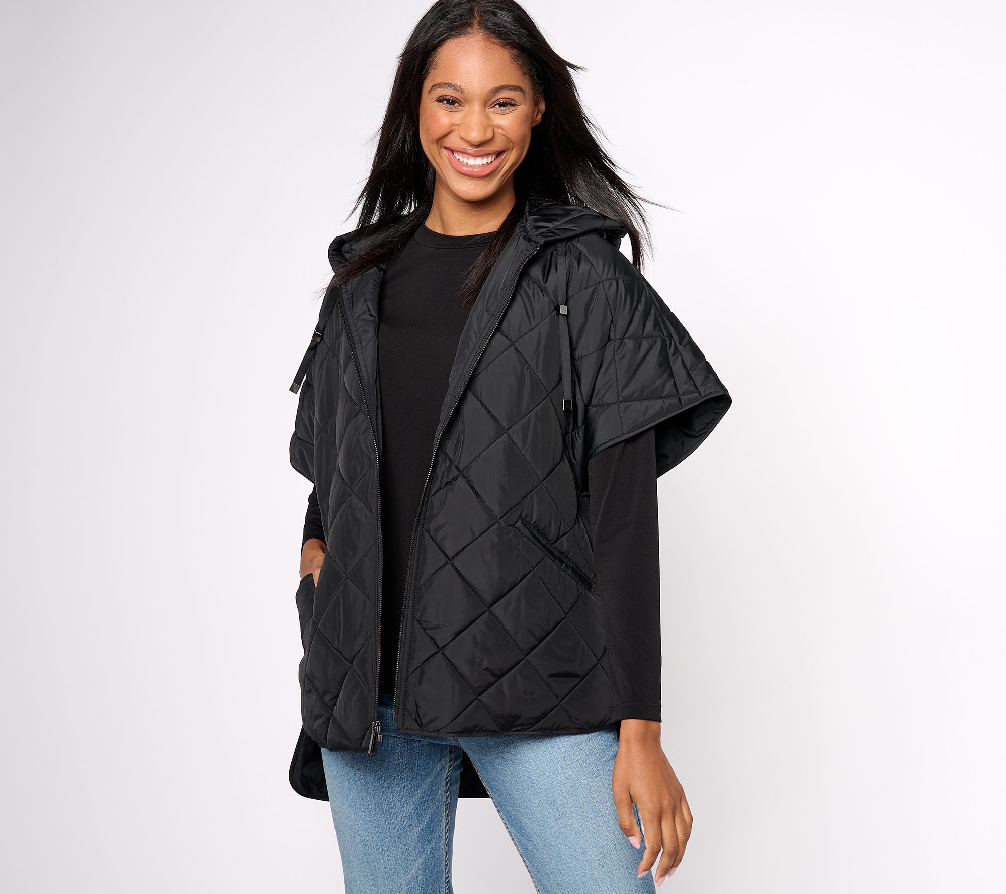 Dennis Basso Quilted Zip Front Poncho with Hood