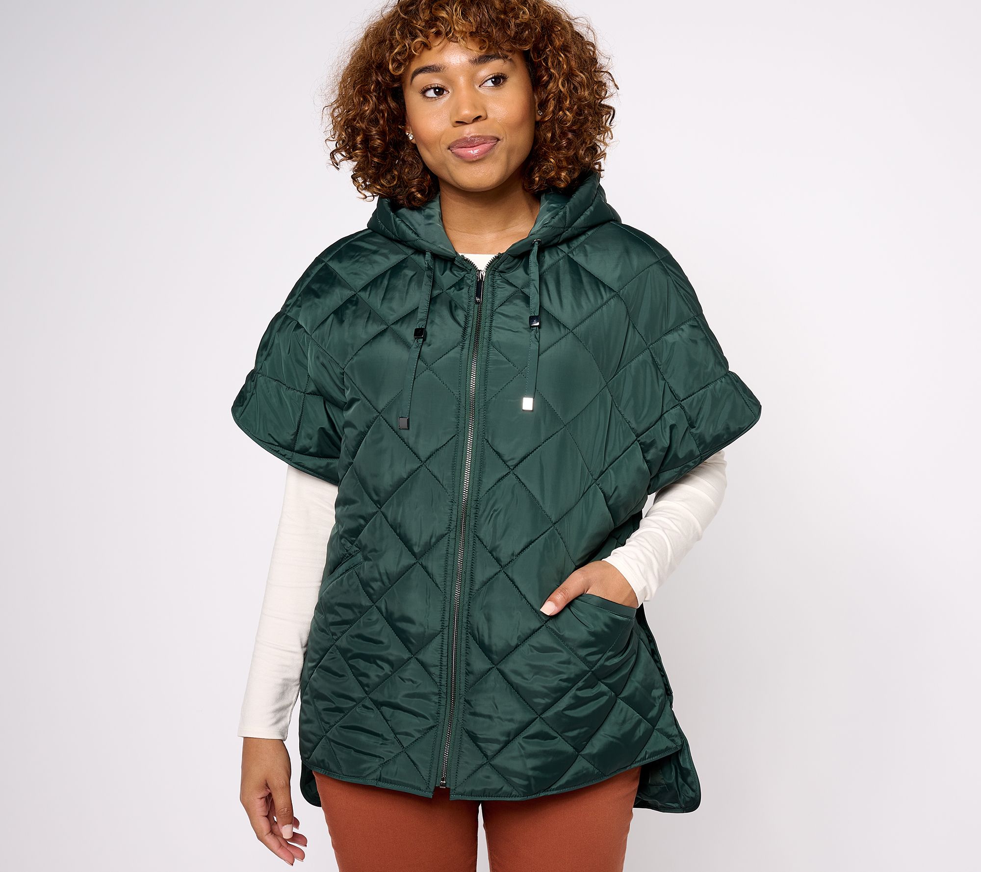Dennis Basso Quilted Zip Front Poncho with Hood