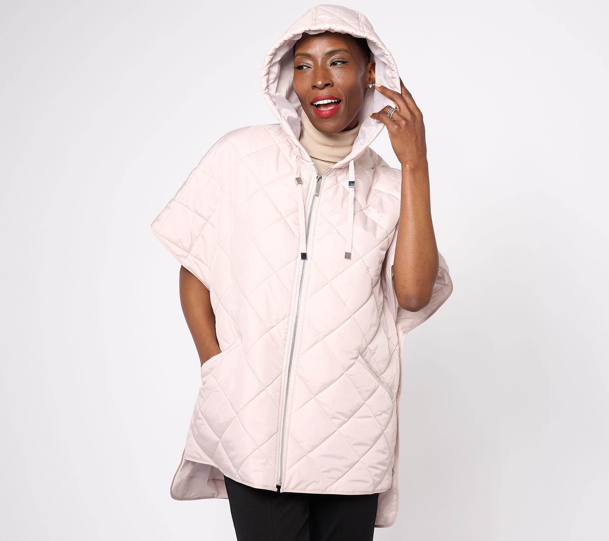 Dennis Basso Quilted Zip Front Poncho with Hood