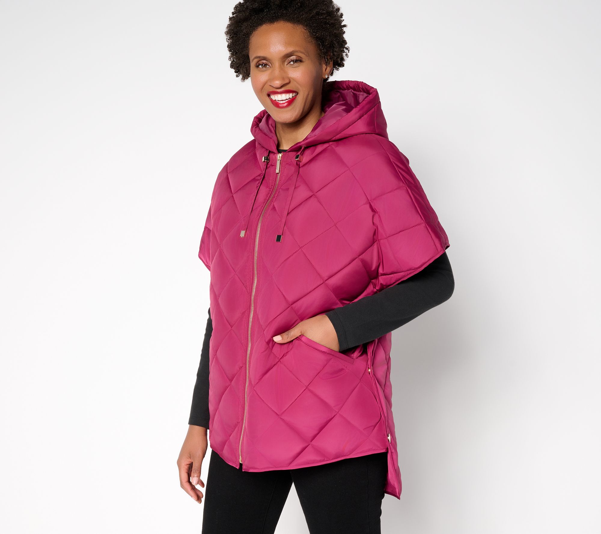 Dennis Basso Quilted Zip Front Poncho with Hood