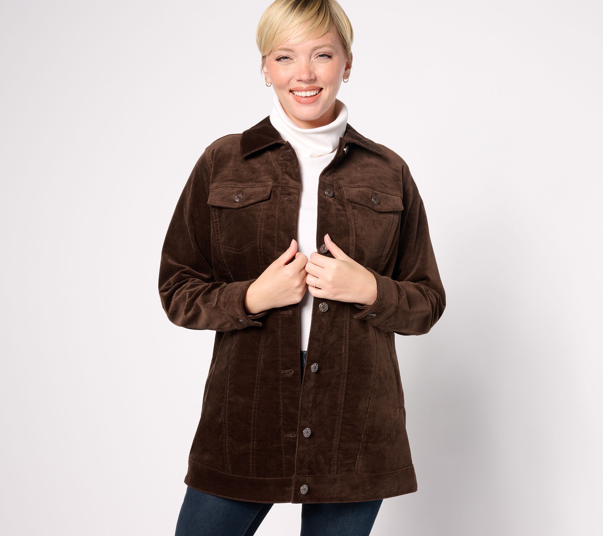 Denim & Co. Stretch Velveteen Regular Long Jacket