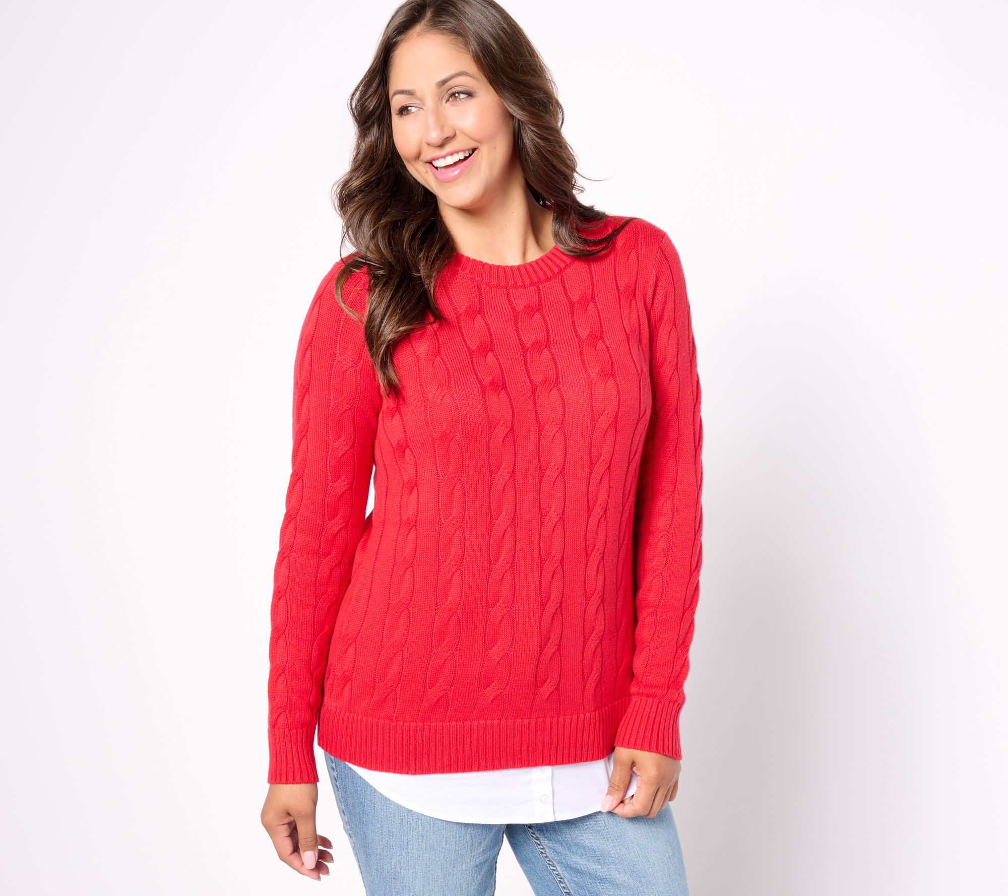 Denim & Co. Crew Neck Long Sleeve Cable Sweater Layered Look Top