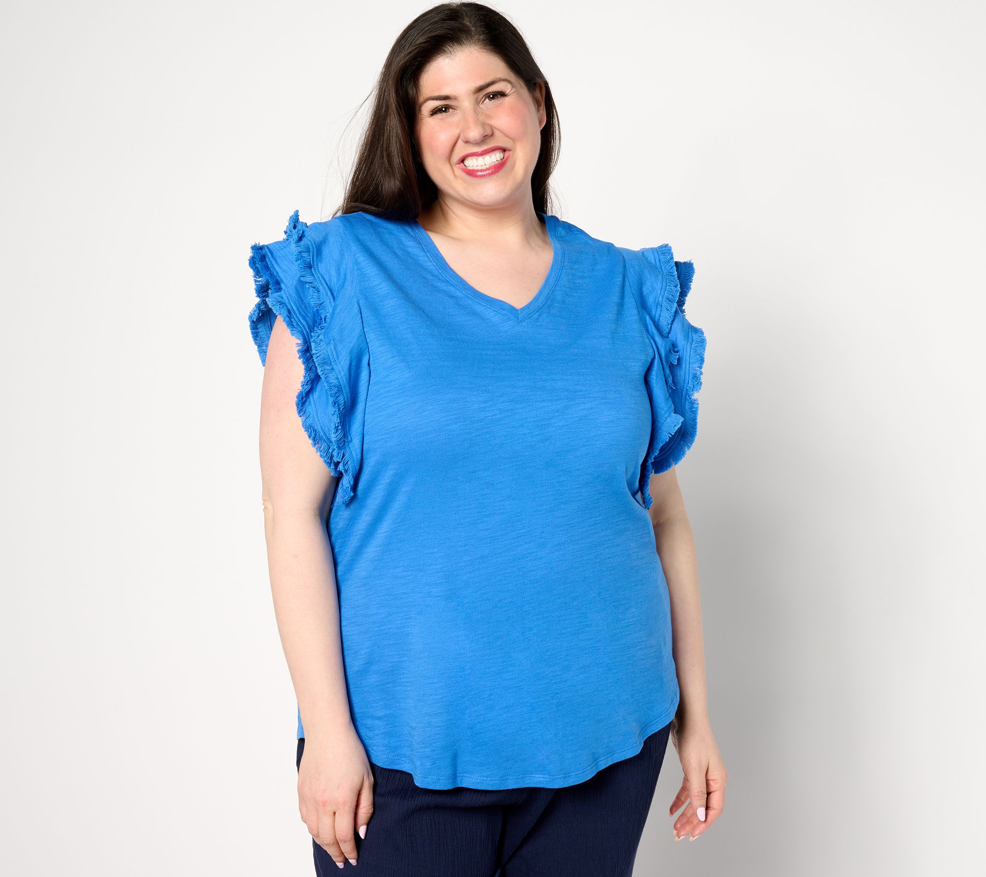 Belle Beach by Kim Gravel Slub Knit Ruffle Sleeve Top w/ Fringe Trim