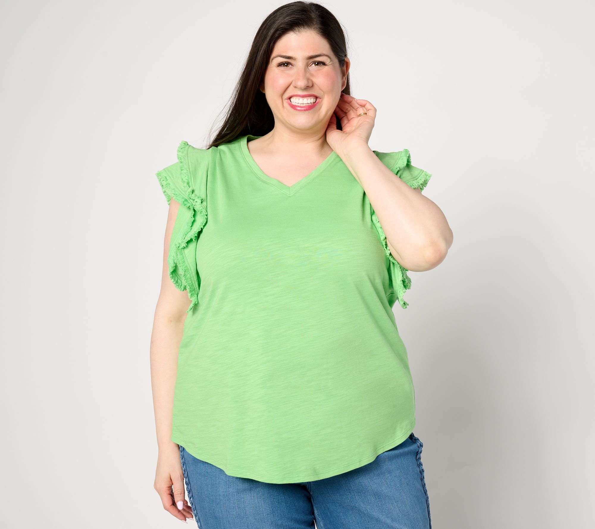 Belle Beach by Kim Gravel Slub Knit Ruffle Sleeve Top w/ Fringe Trim