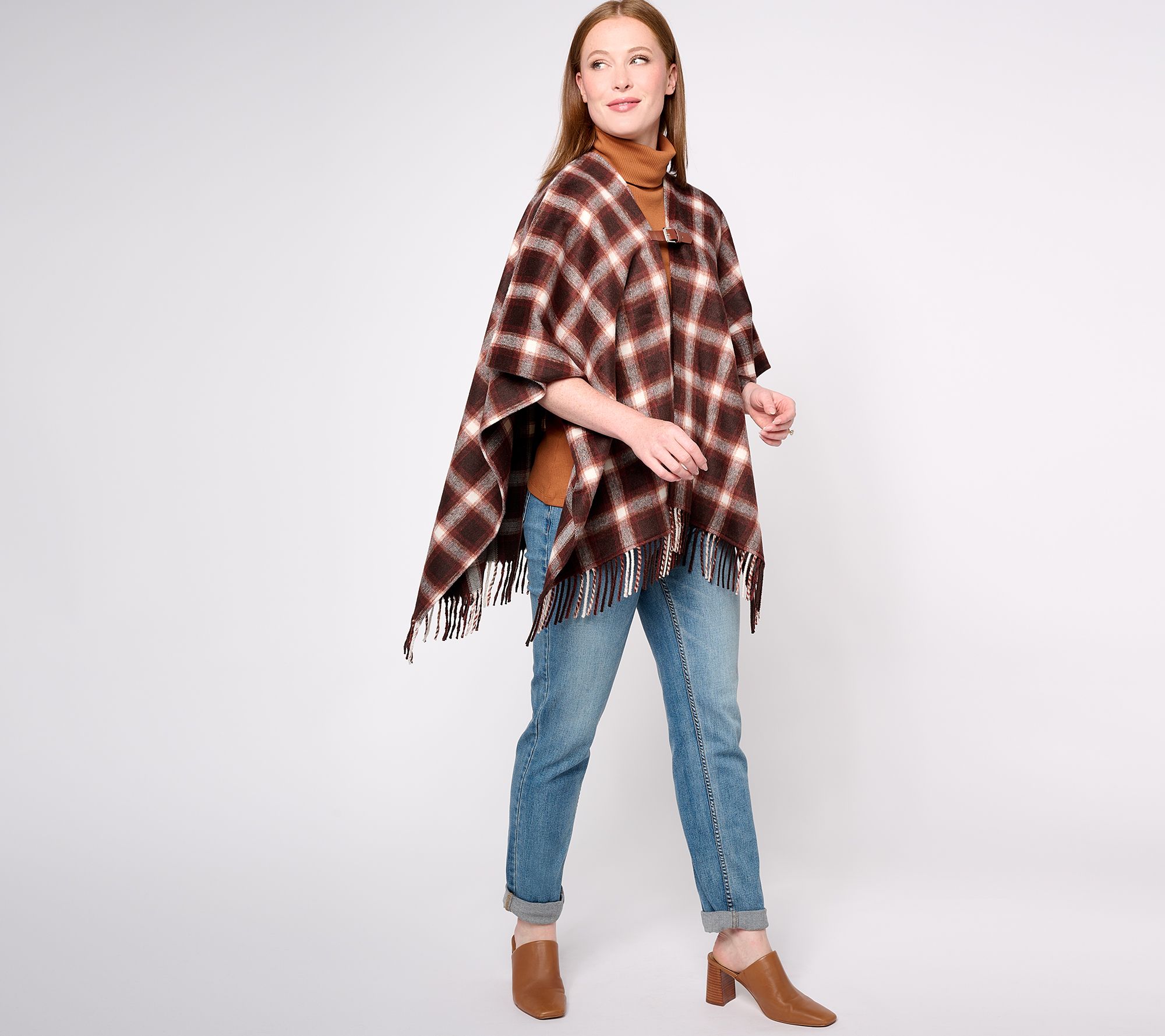 "As Is" Denim & Co. Heritage Plaid Topper with Fringe Hem