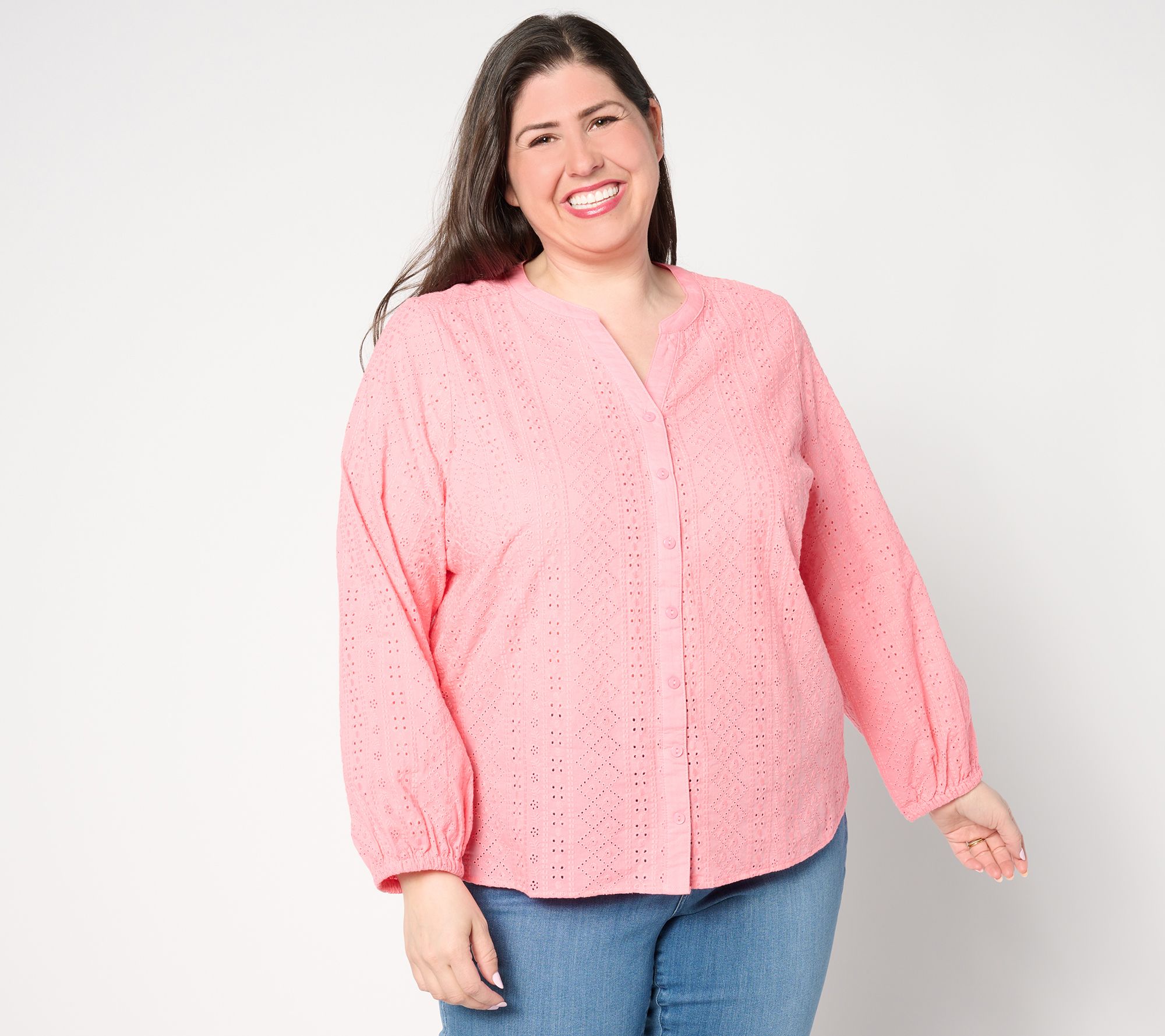 Denim & Co. Adaptive Cotton Eyelet Button Down Shirt