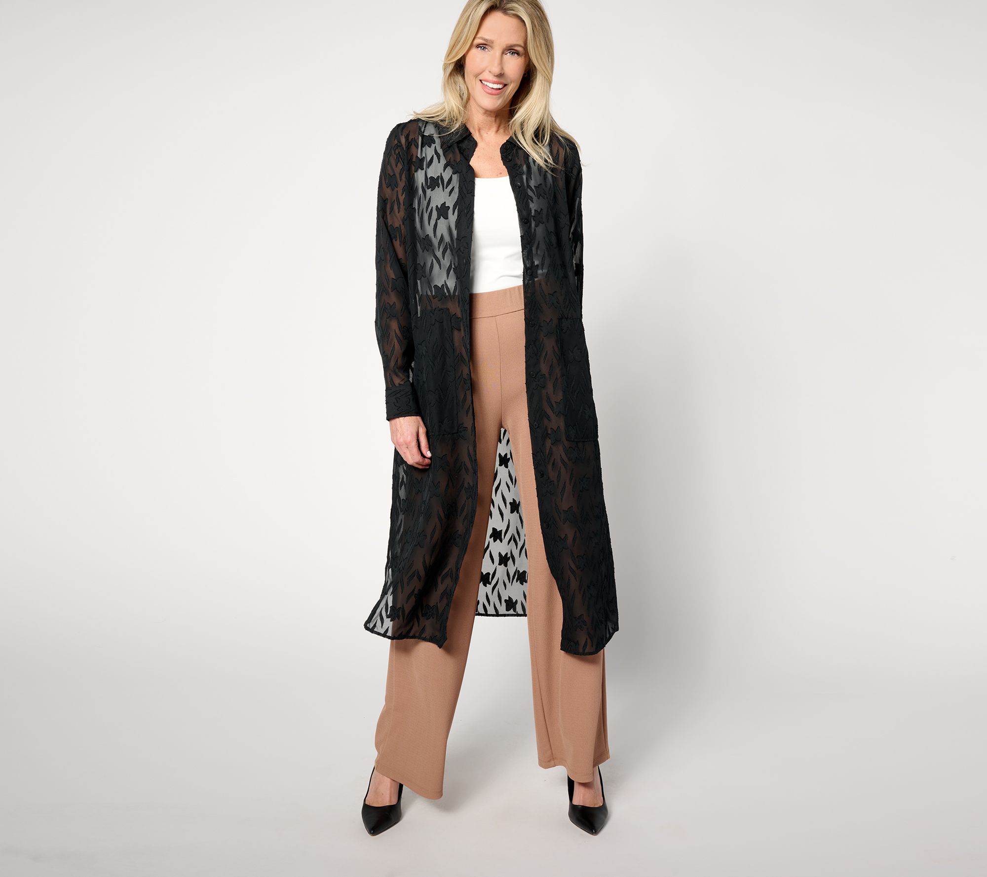 BEAUTIFUL by Lawrence Zarian Button-Front Sheer Shirt Topper