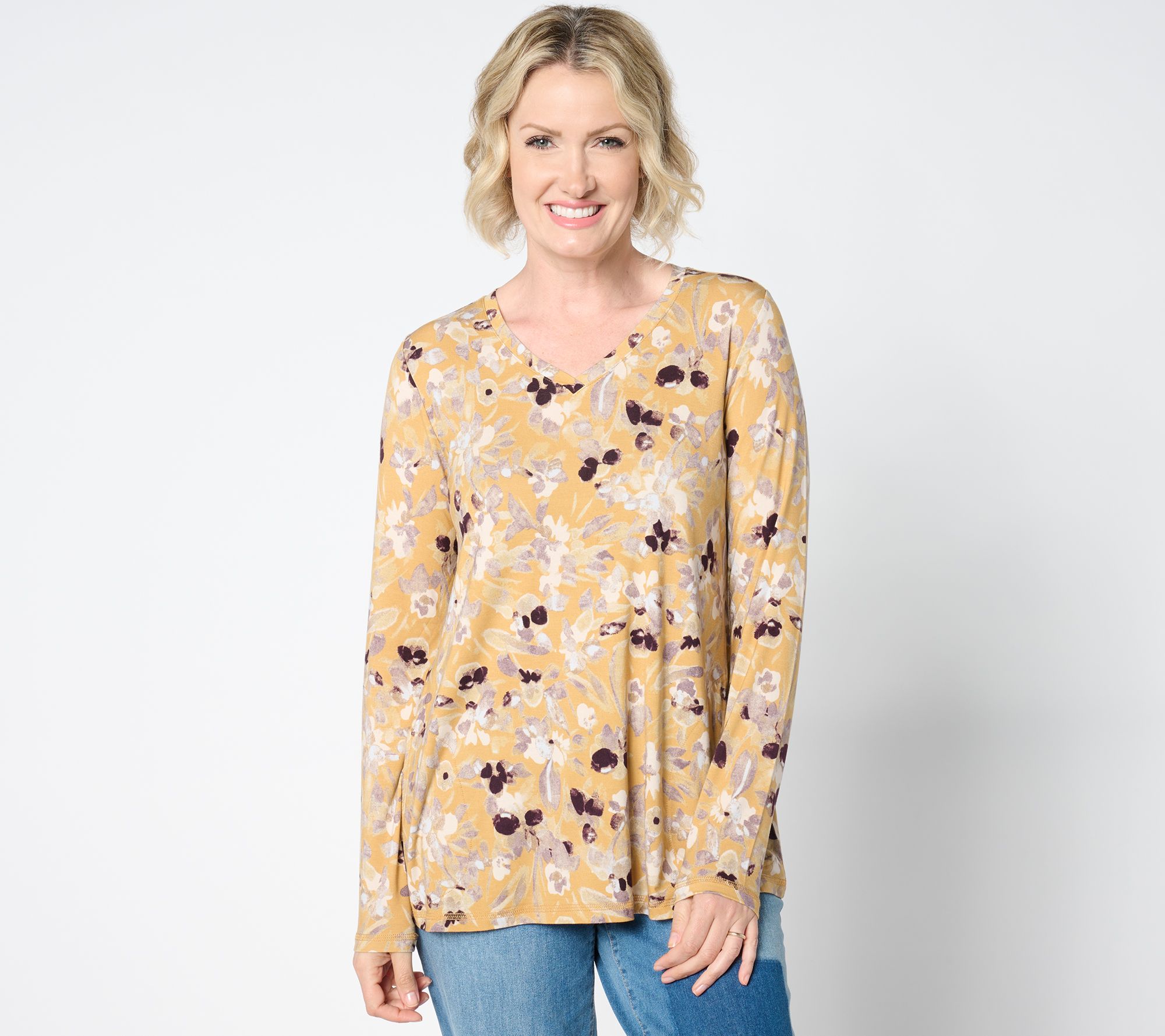 LOGO by Lori Goldstein Long Sleeve V-Neck Printed Top