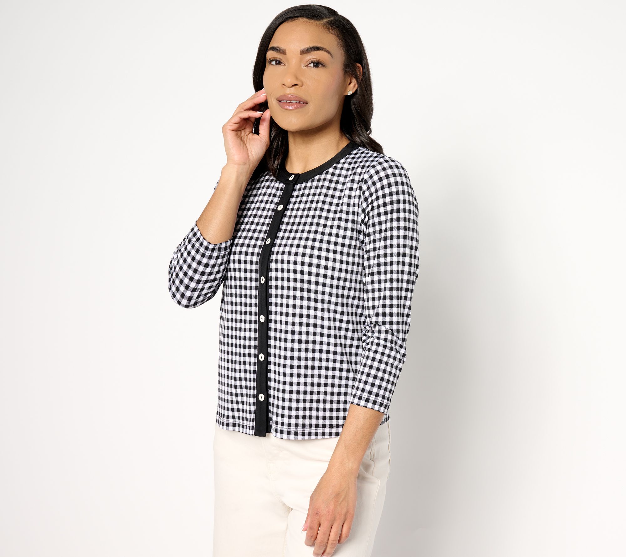 "As Is" Susan Graver Printed Liquid Knit 3/4 Sleeve Button Front Cardigan