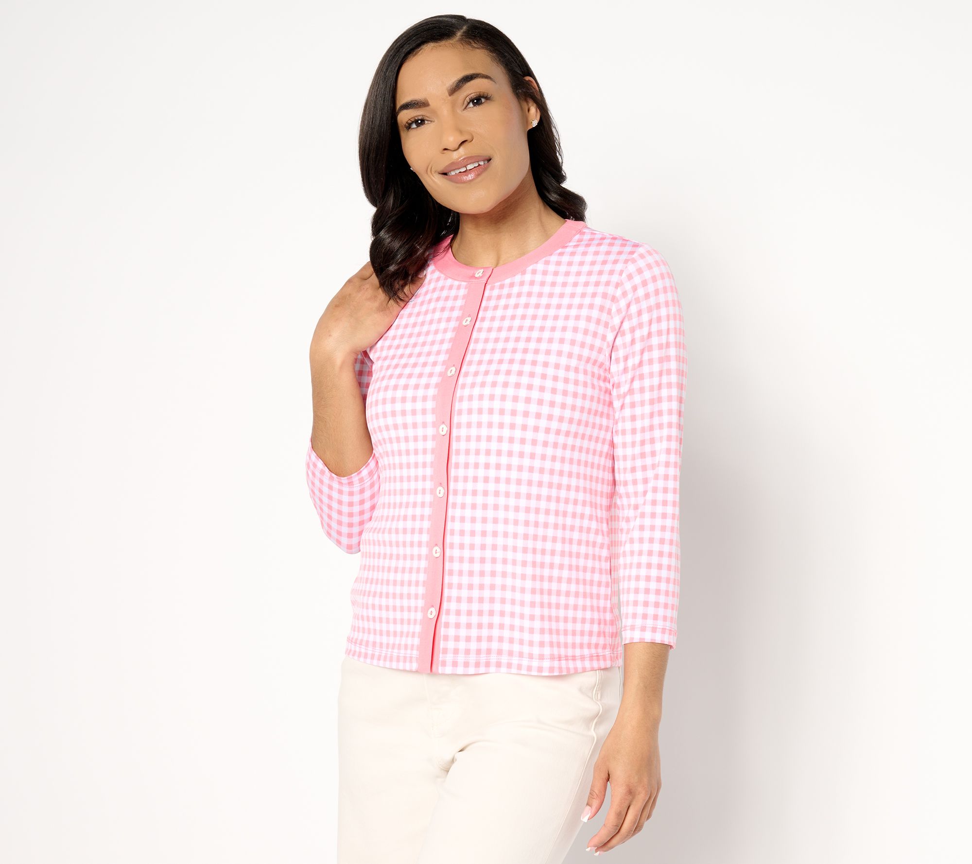 "As Is" Susan Graver Printed Liquid Knit 3/4 Sleeve Button Front Cardigan