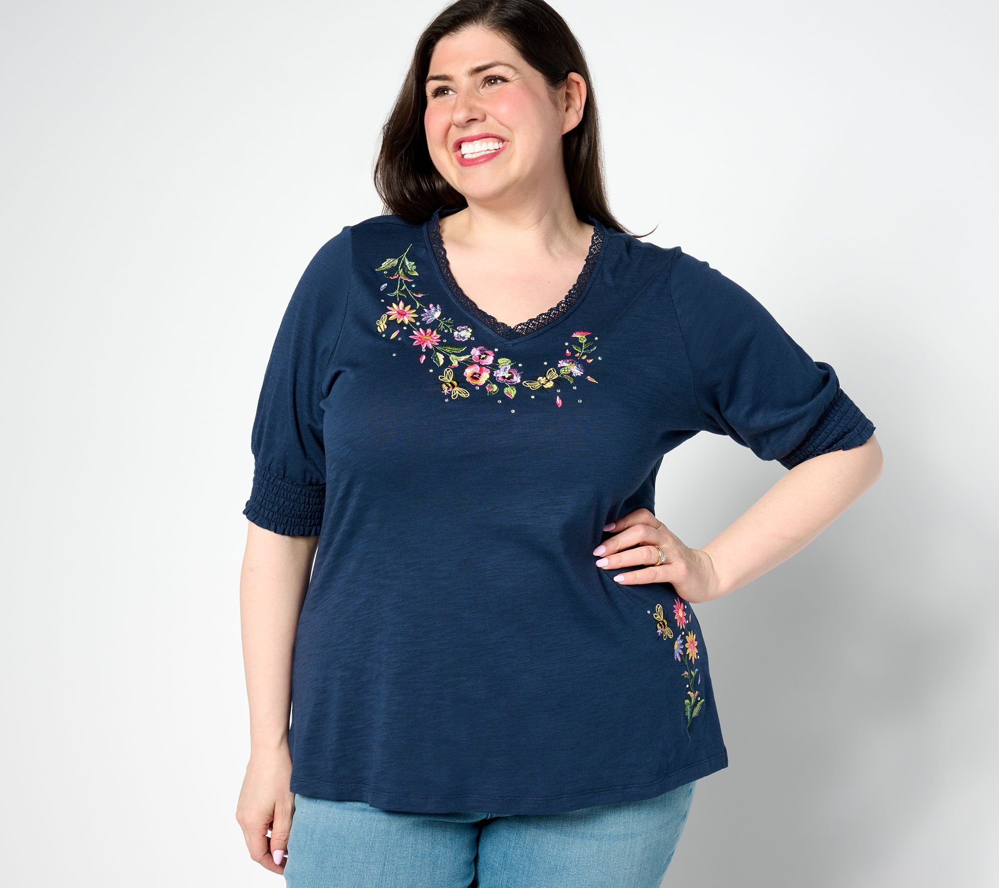 "As Is" Quacker Factory Embroidered Blouson Sleeve Knit Top