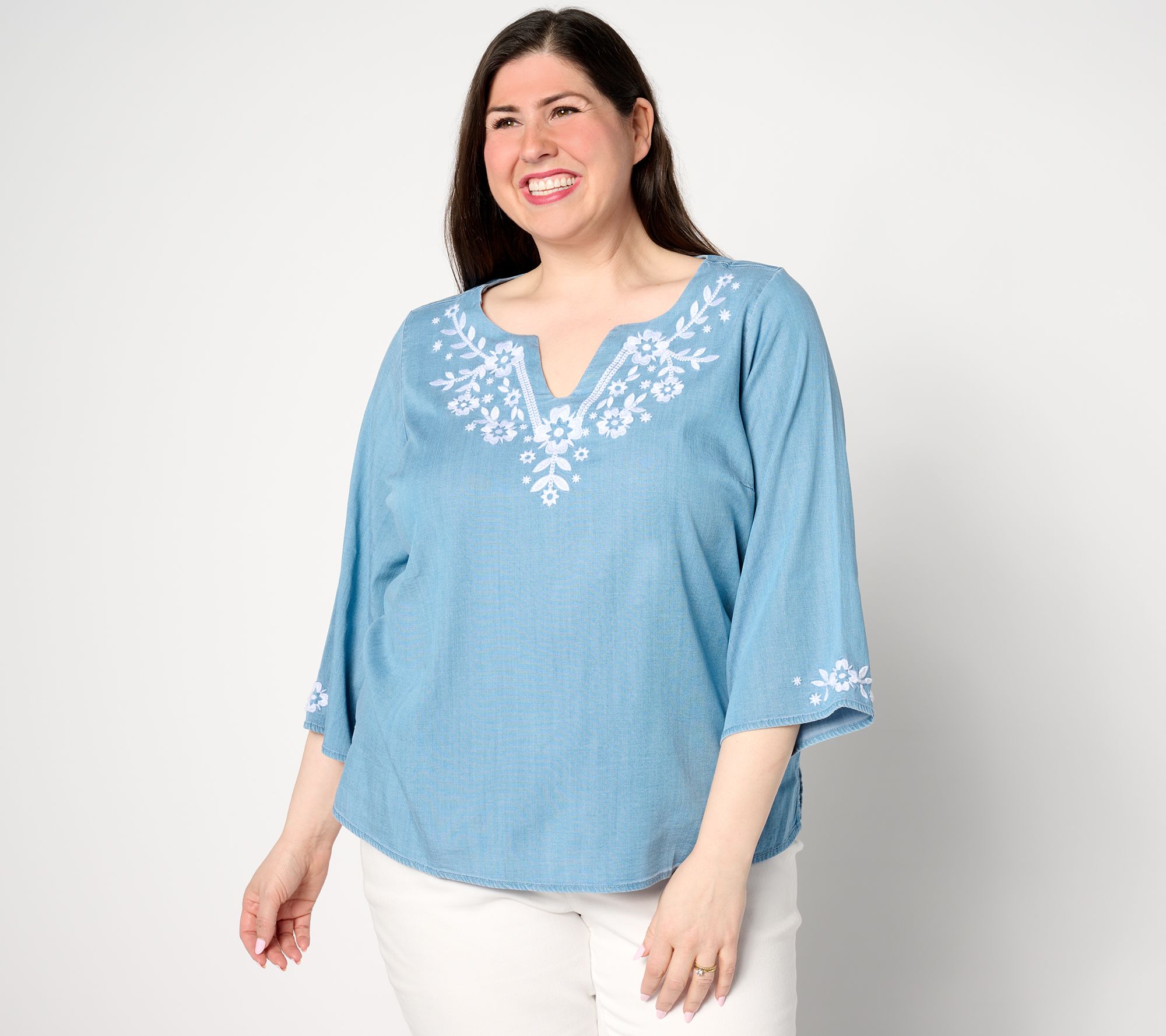 "As Is" Susan Graver Chambray Embroidered Top