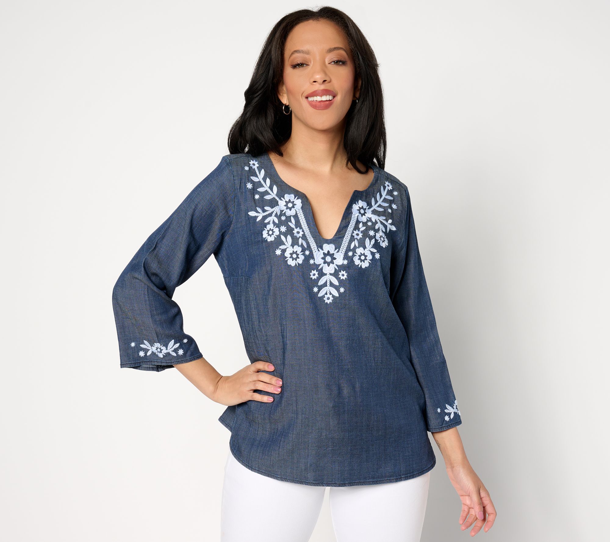 "As Is" Susan Graver Chambray Embroidered Top