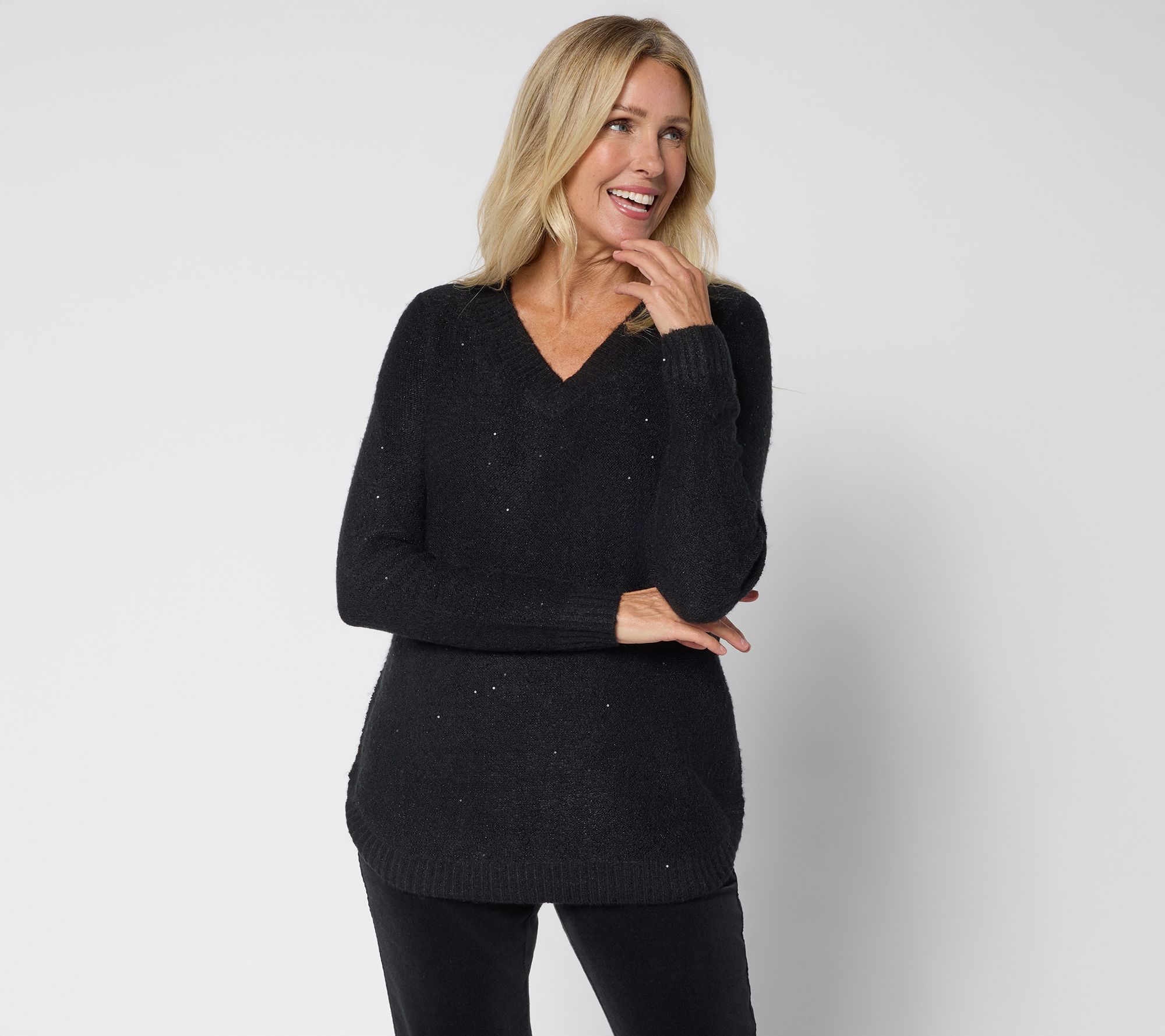 Denim & Co. V-Neck Long Sleeve Sparkle Sweater