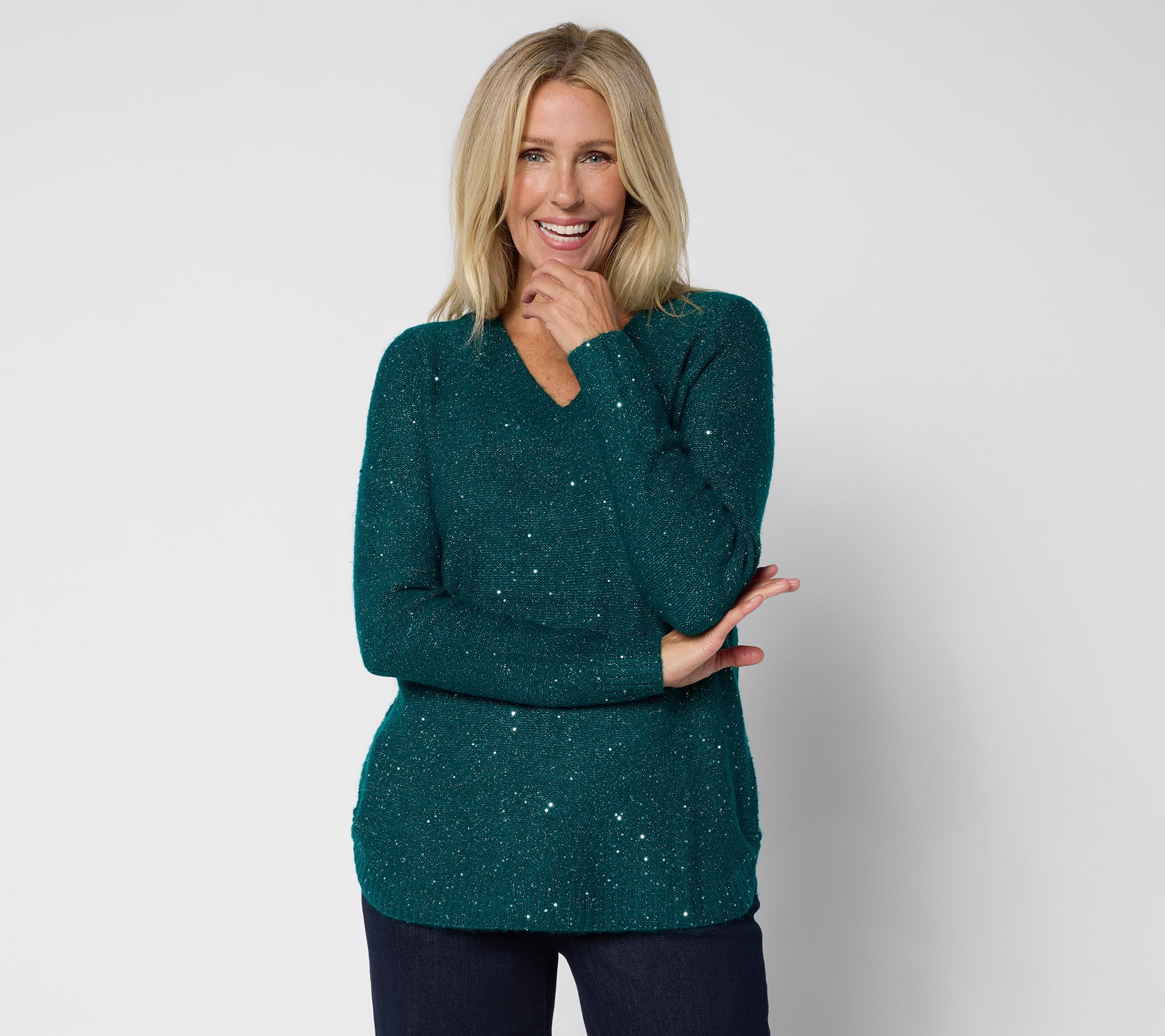Denim & Co. V-Neck Long Sleeve Sparkle Sweater