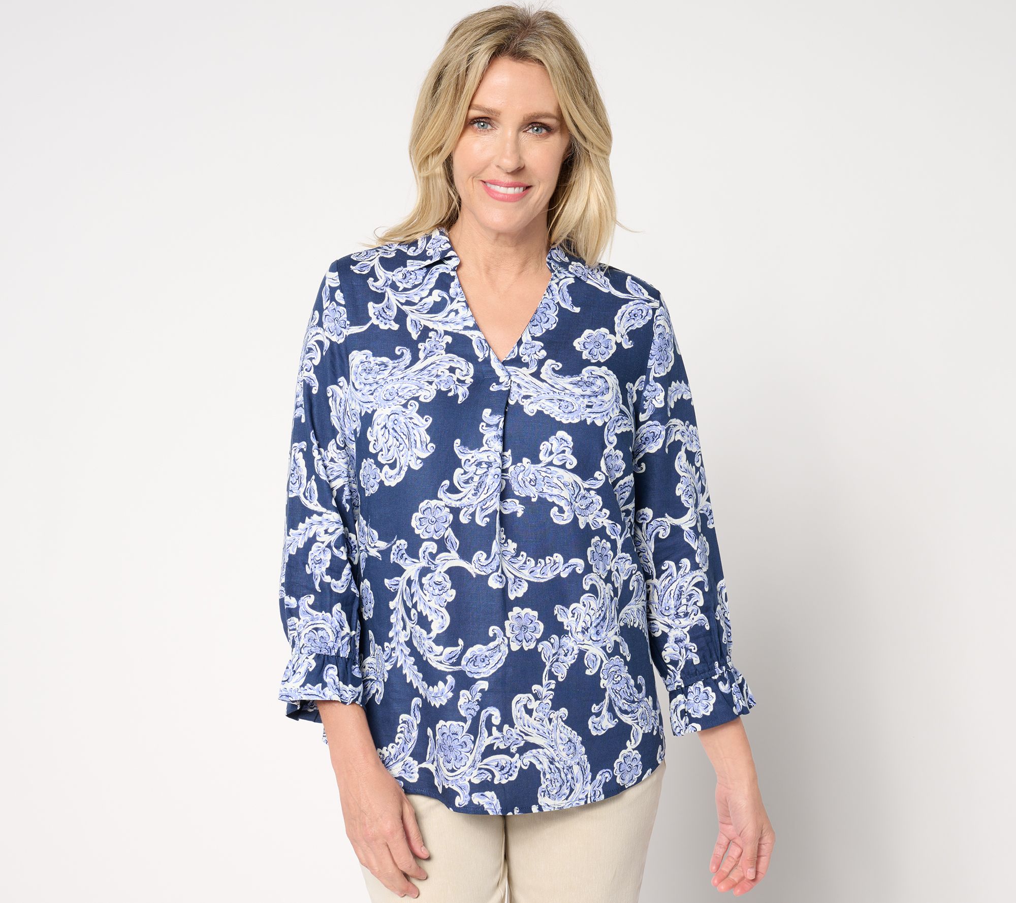 "As Is" Belle by Kim Gravel Linen Rayon True Blue Popover Blouse
