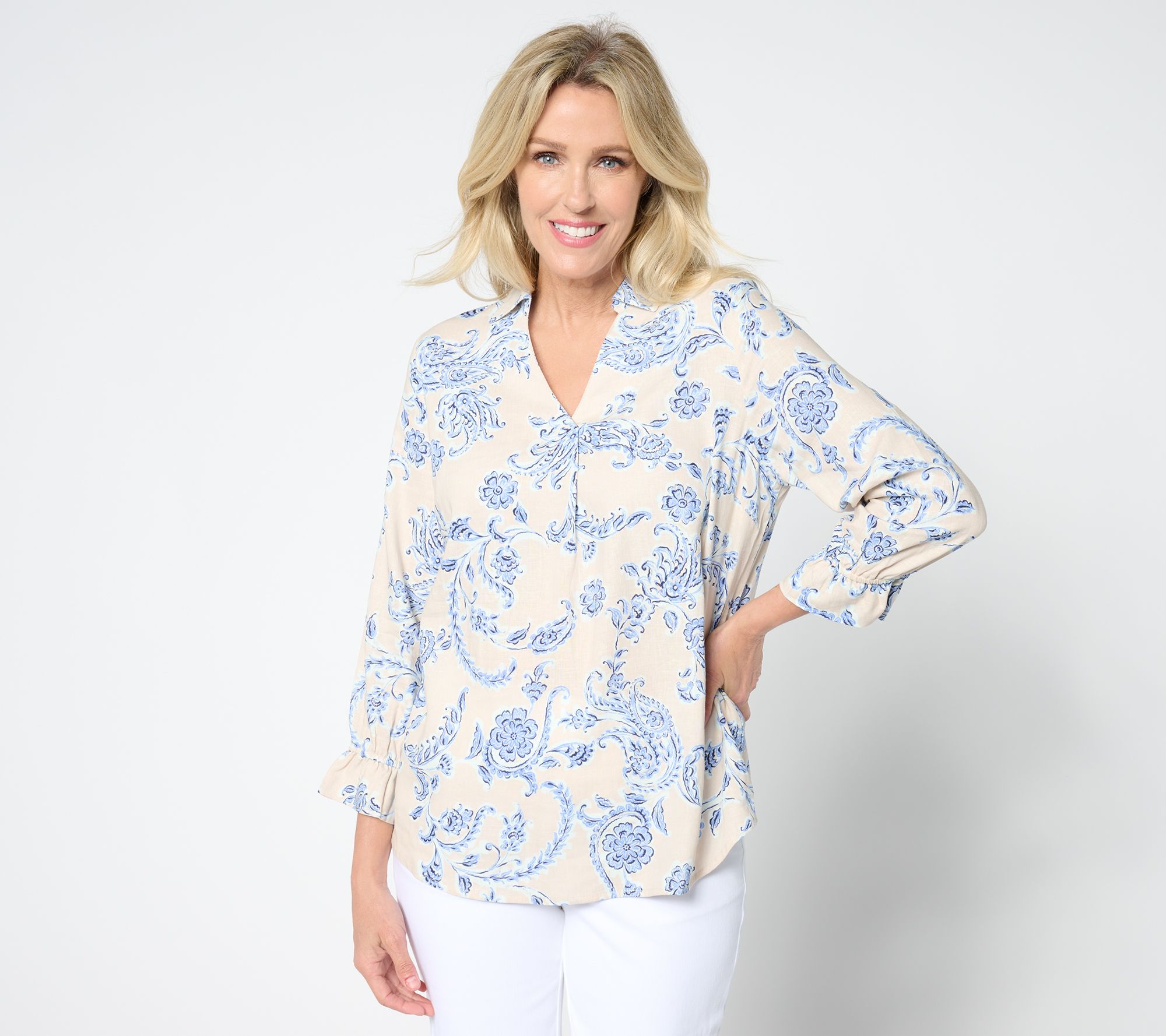 "As Is" Belle by Kim Gravel Linen Rayon True Blue Popover Blouse