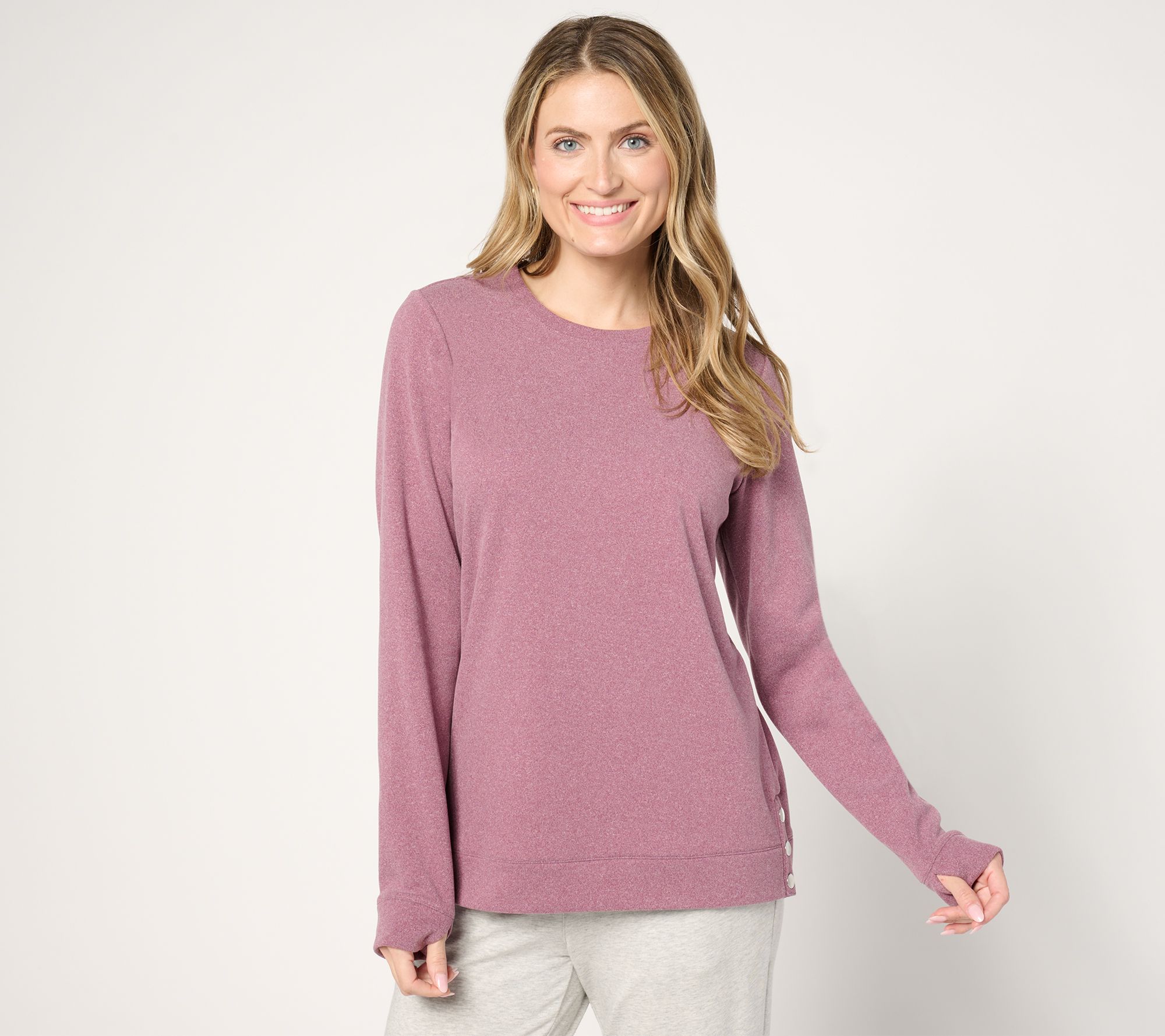  Denim & Co. Active Fleece Crew Neck Pullover with Button Detail