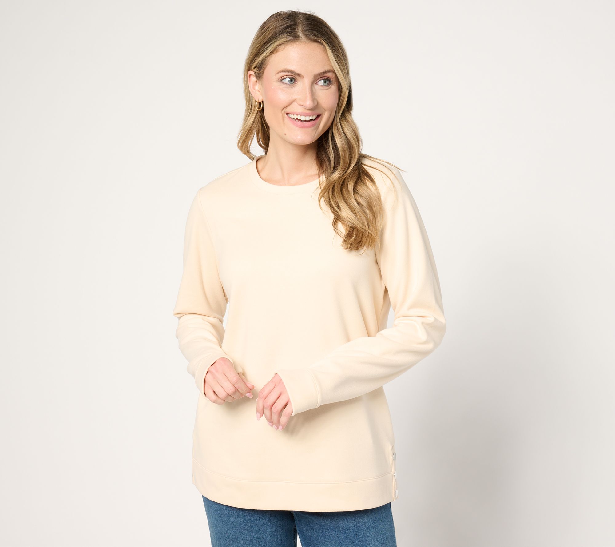 Denim & Co. Active Fleece Crew Neck Pullover with Button Detail