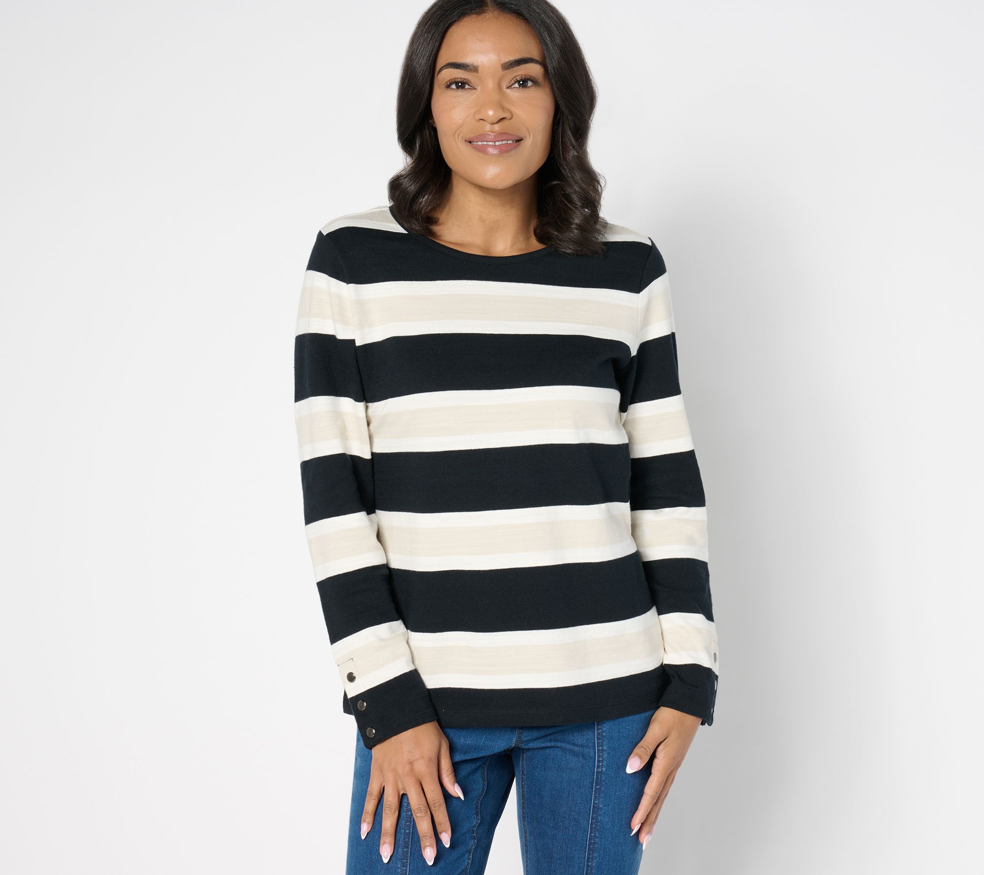 Denim & Co. Active Cozy Cotton Striped Top w/ Snap Detail