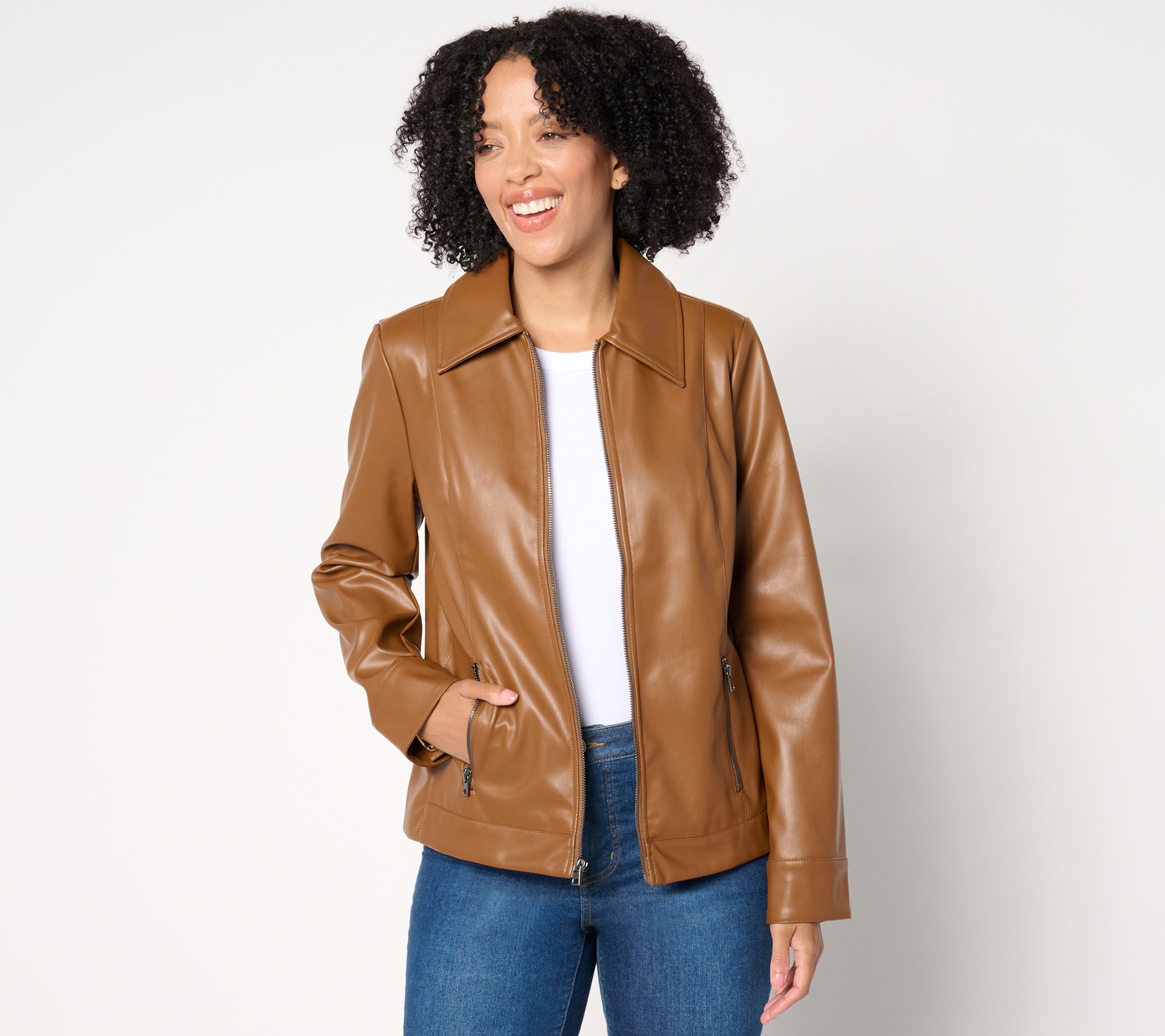 "As Is" Denim & Co. Faux Leather Zip Front Jacket w/ Pockets