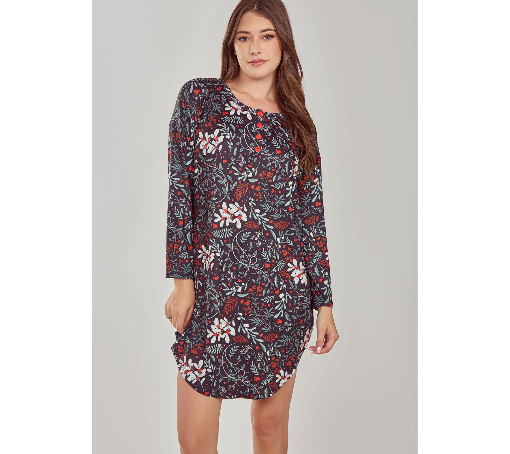 iCollection Floral Knit Long Sleeve Henley Lounge Shirtdress