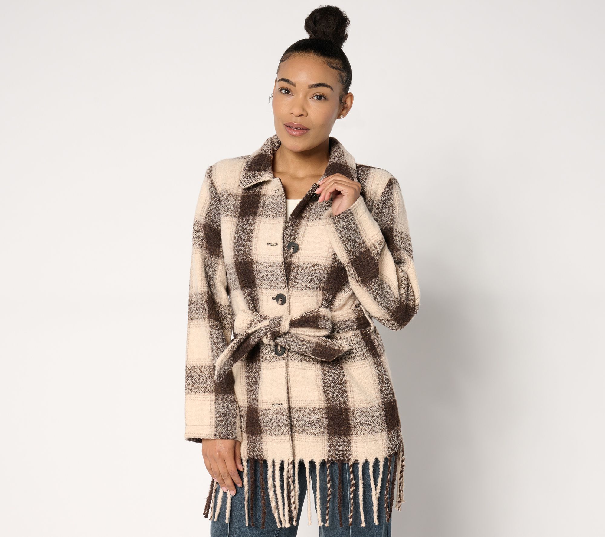 "As Is" Belle by Kim Gravel Mad for Plaid Fringe Belted Boucle Shacket