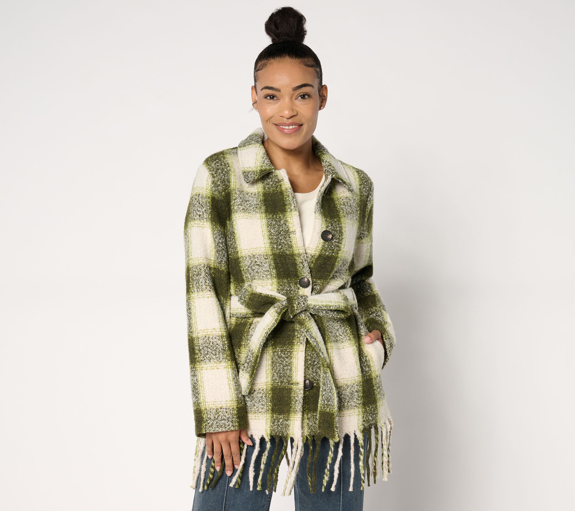 "As Is" Belle by Kim Gravel Mad for Plaid Fringe Belted Boucle Shacket