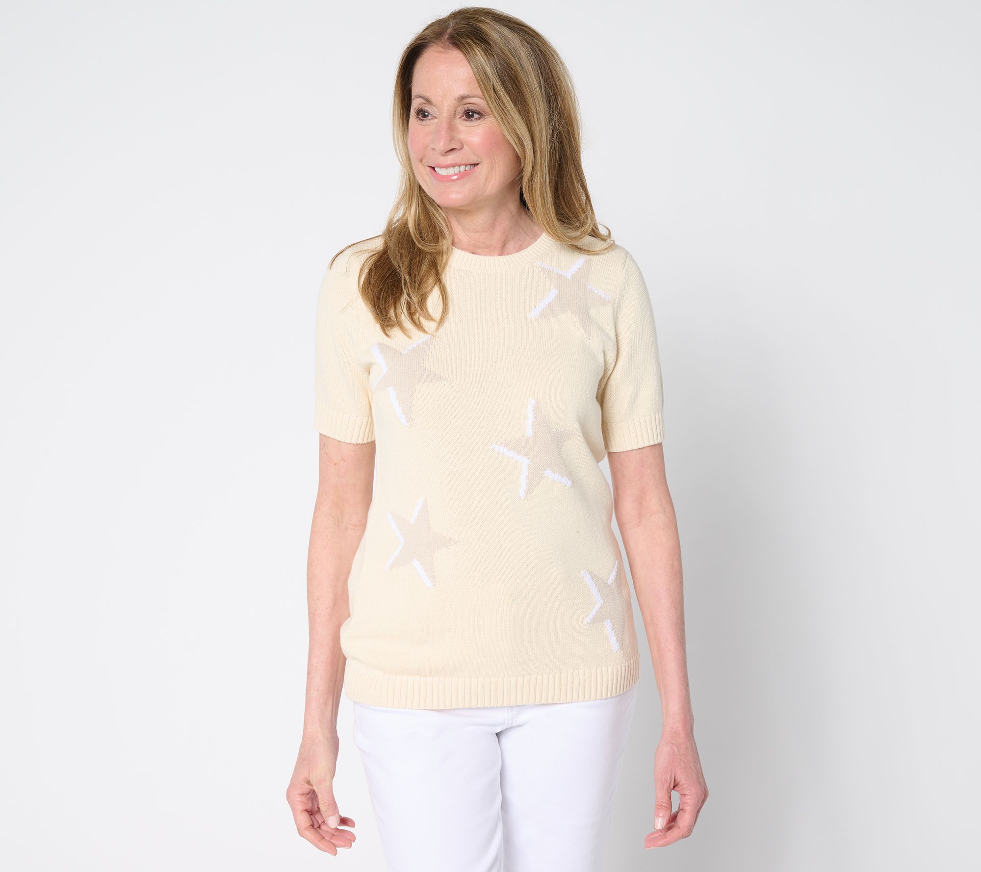 Denim & Co. 100% Cotton Short Sleeve Intarsia Sweater