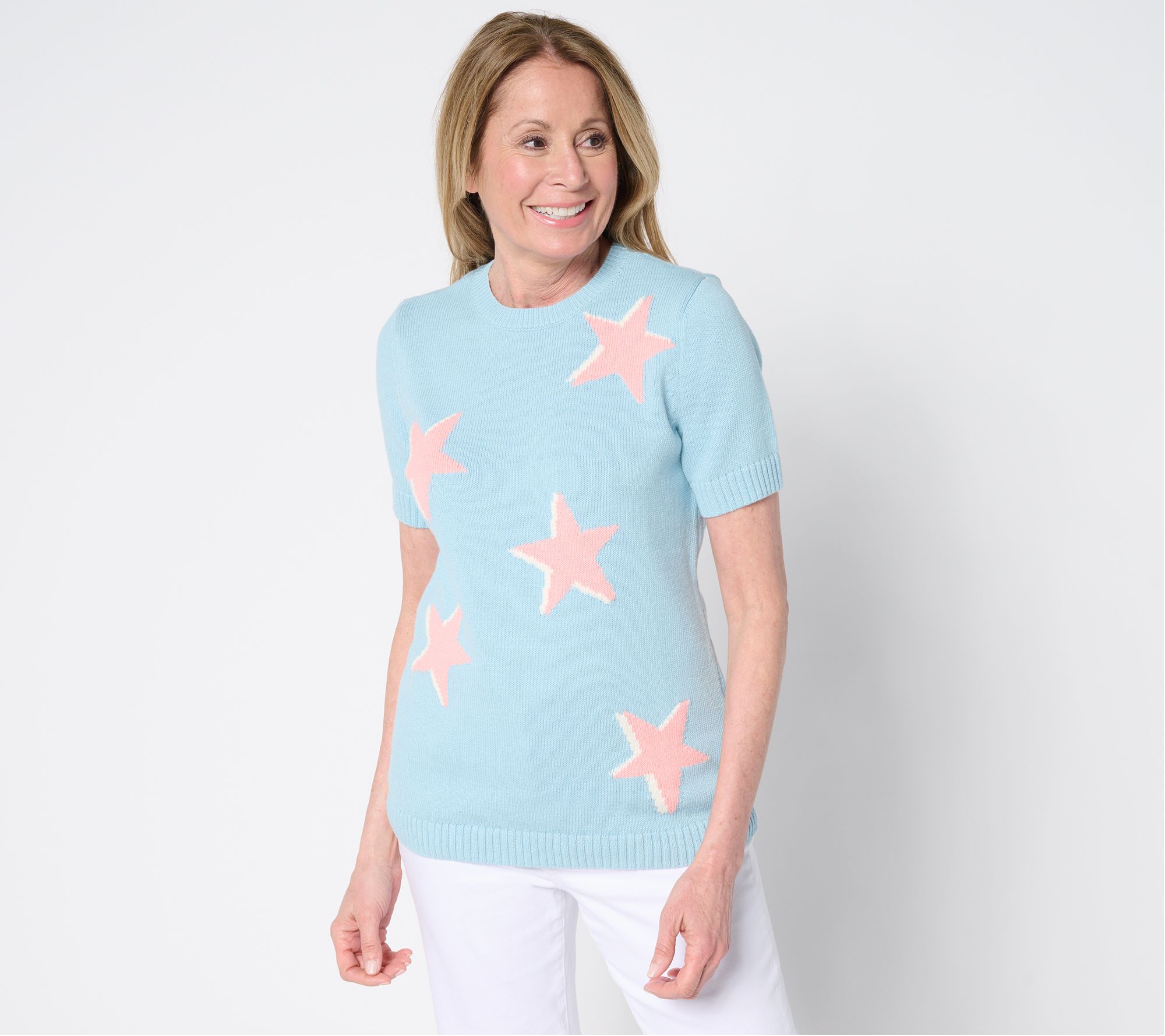 Denim & Co. 100% Cotton Short Sleeve Intarsia Sweater