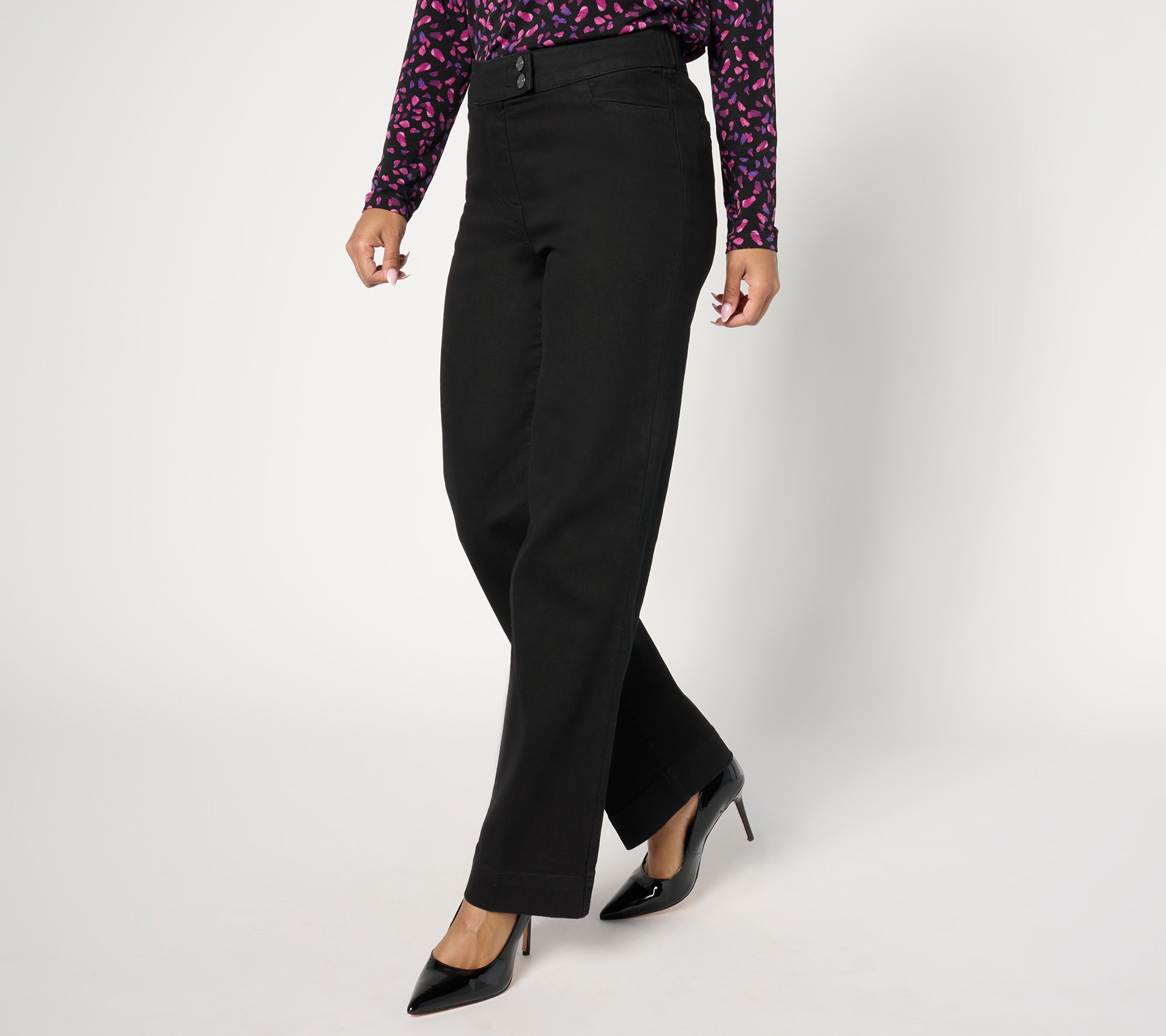 "As Is" Susan Graver Petite Stretch Denim Wide Leg Jean Black