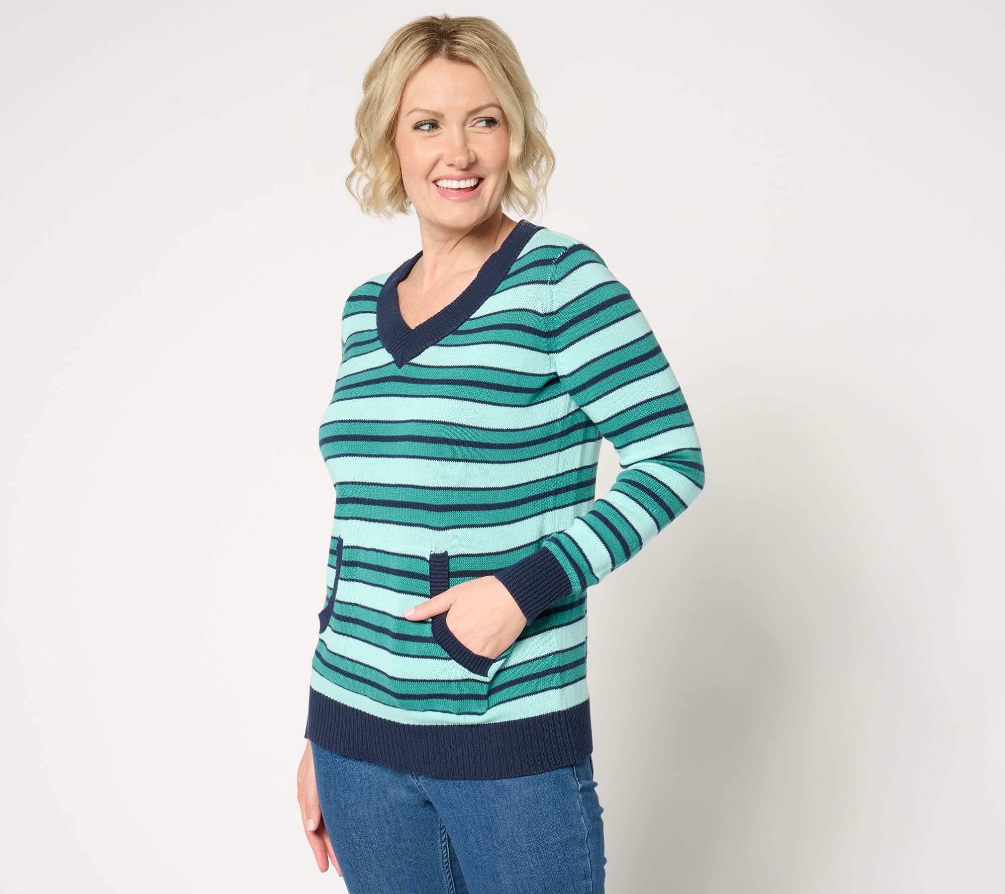 As Is Denim & Co. Archives 100% Cotton Stripe V Neck Sweater
