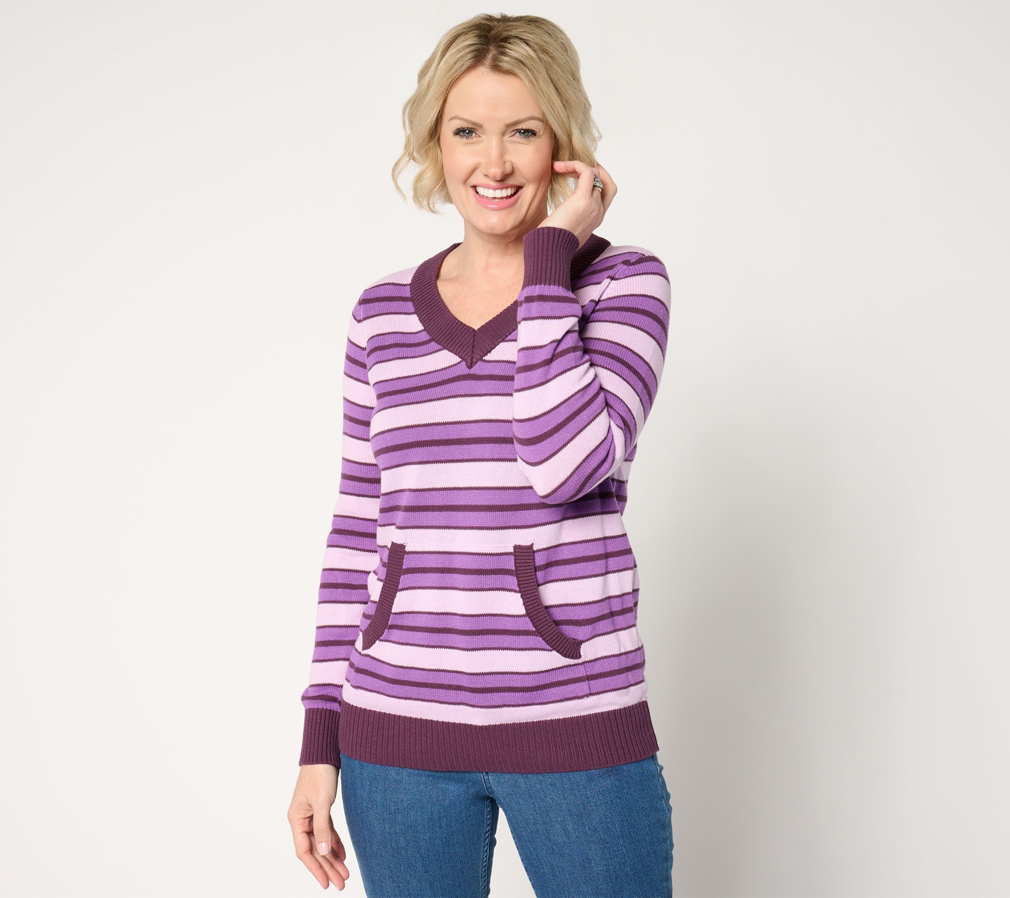 "As Is" Denim & Co. Archives 100% Cotton Striped V-Neck Sweater