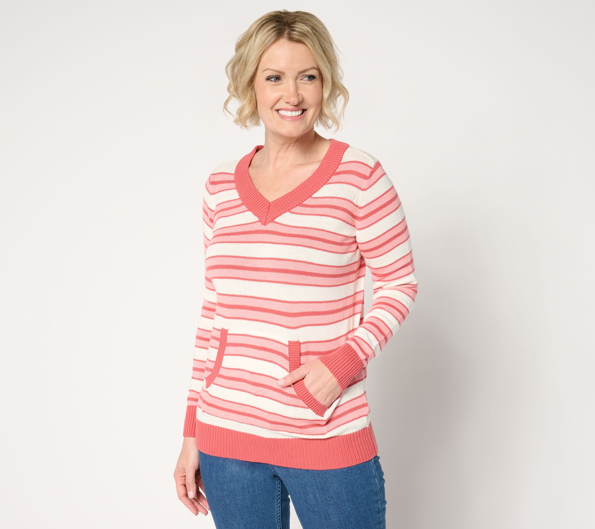 "As Is" Denim & Co. Archives 100% Cotton Striped V-Neck Sweater