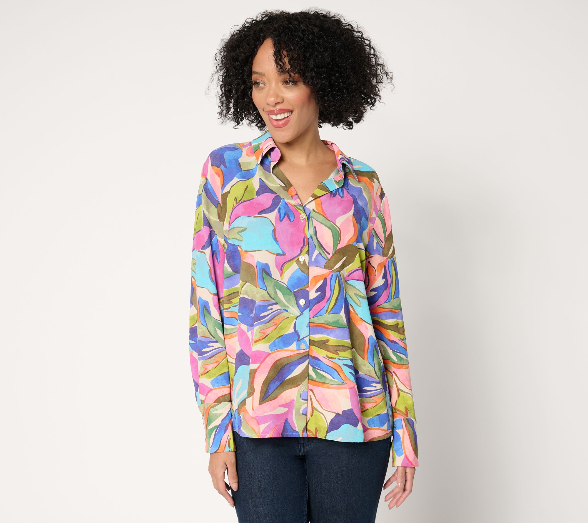 "As Is" Susan Graver Print or Solid St. Tropez Drapey Woven Shirt