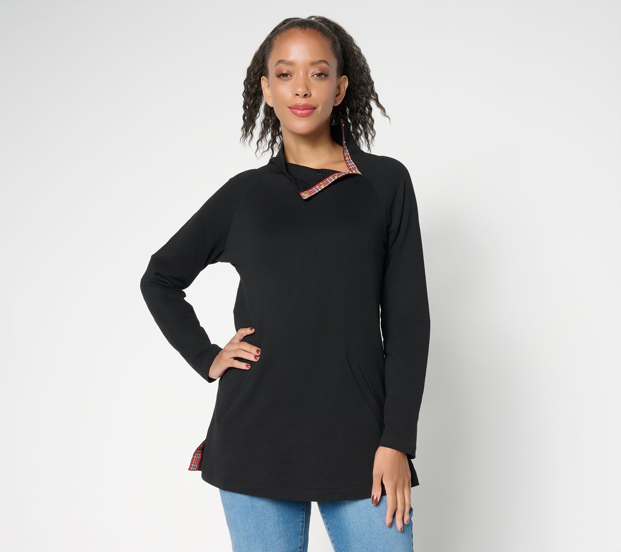 Denim & Co. Petite French Terry Mock Neck Tunic with Plaid Trim