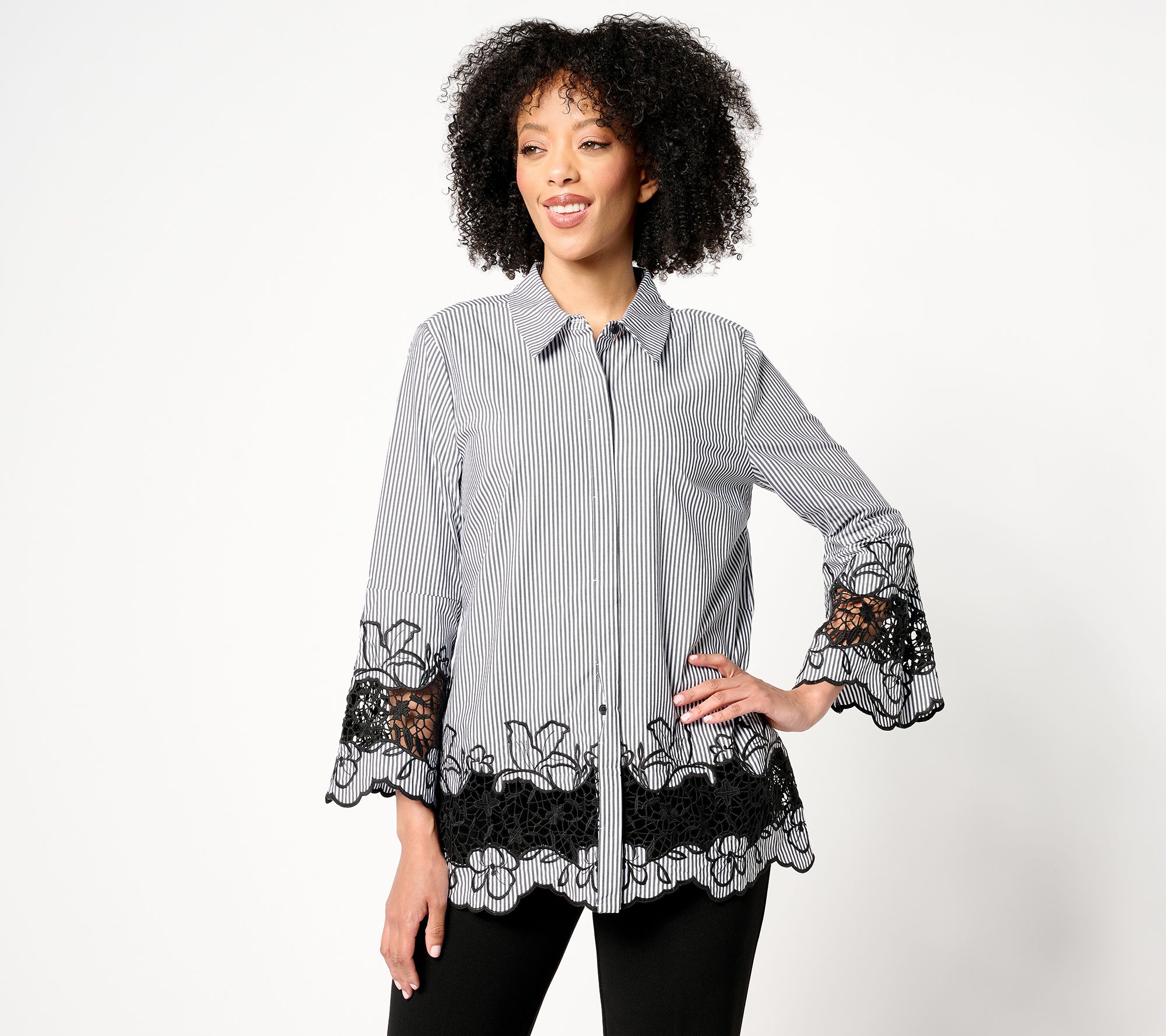 "As Is" Dennis Basso Petite Cotton Stretch Yarn Dye Stripe Top w/Lace Trim