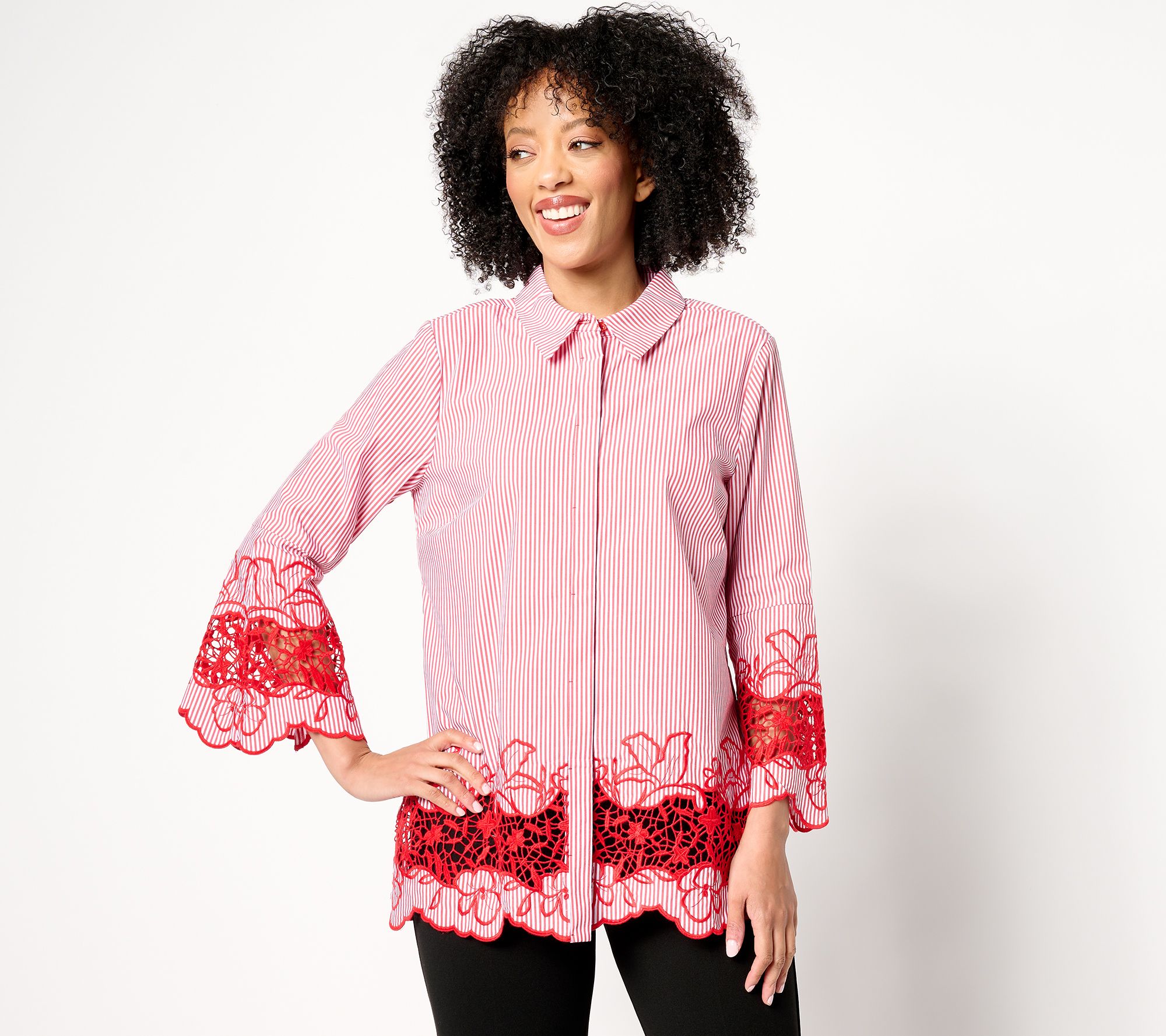 "As Is" Dennis Basso Petite Cotton Stretch Yarn Dye Stripe Top w/Lace Trim