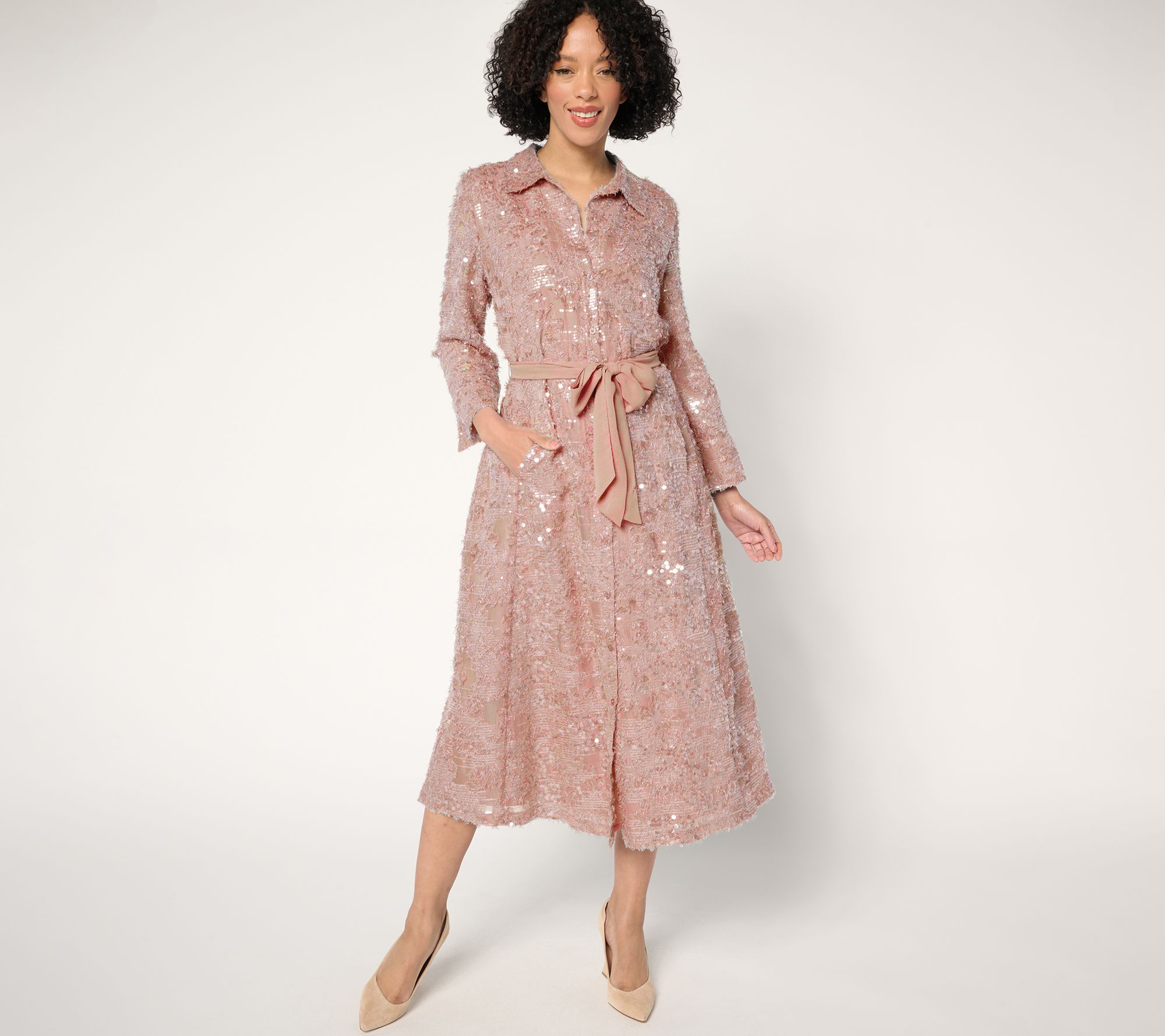"As Is" Dennis Basso Petite Spring Sequin Shirt Dress with Belt