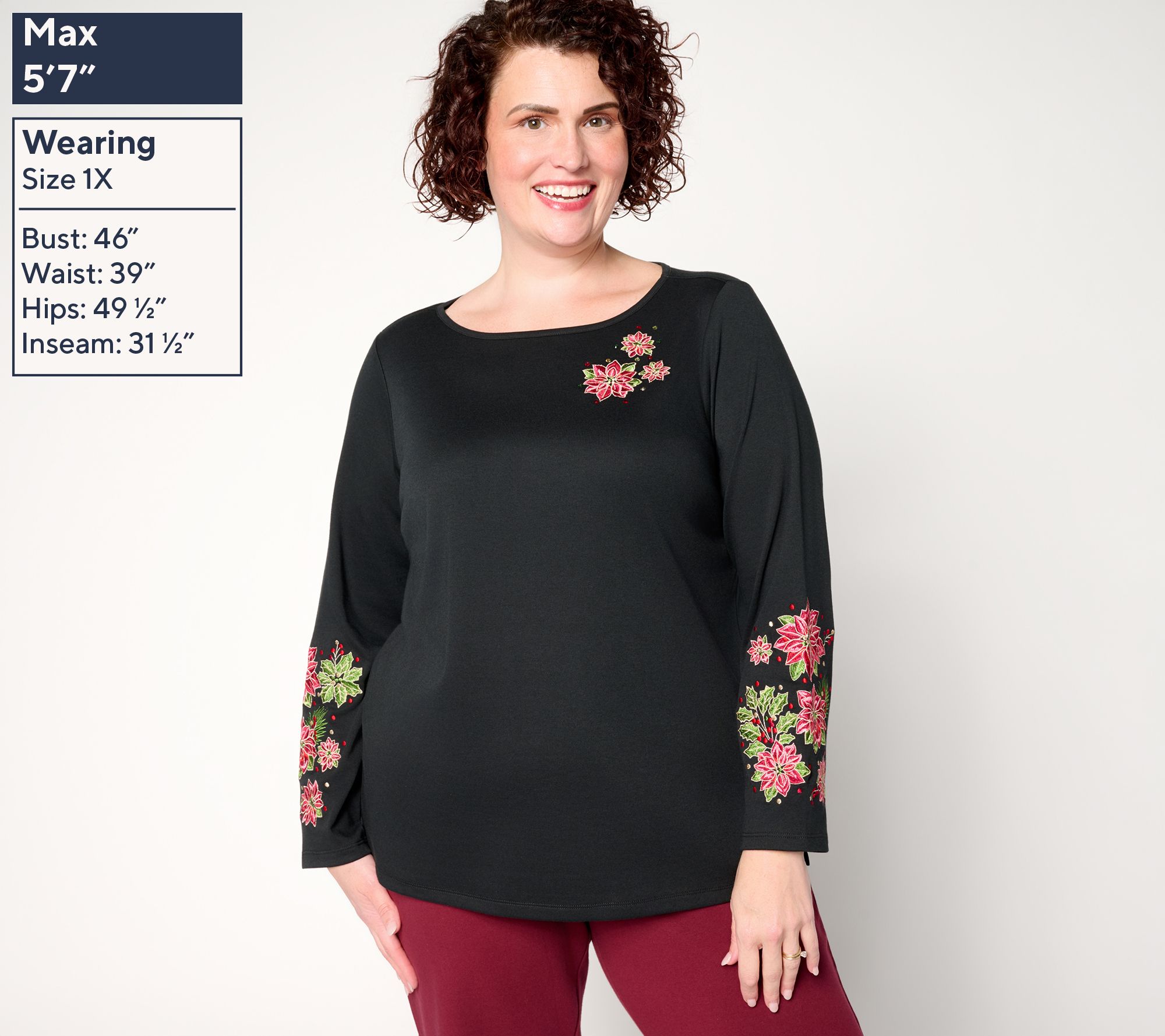 Quacker Factory Poinsettia Floral Bateau Long Sleeves Top - QVC.com