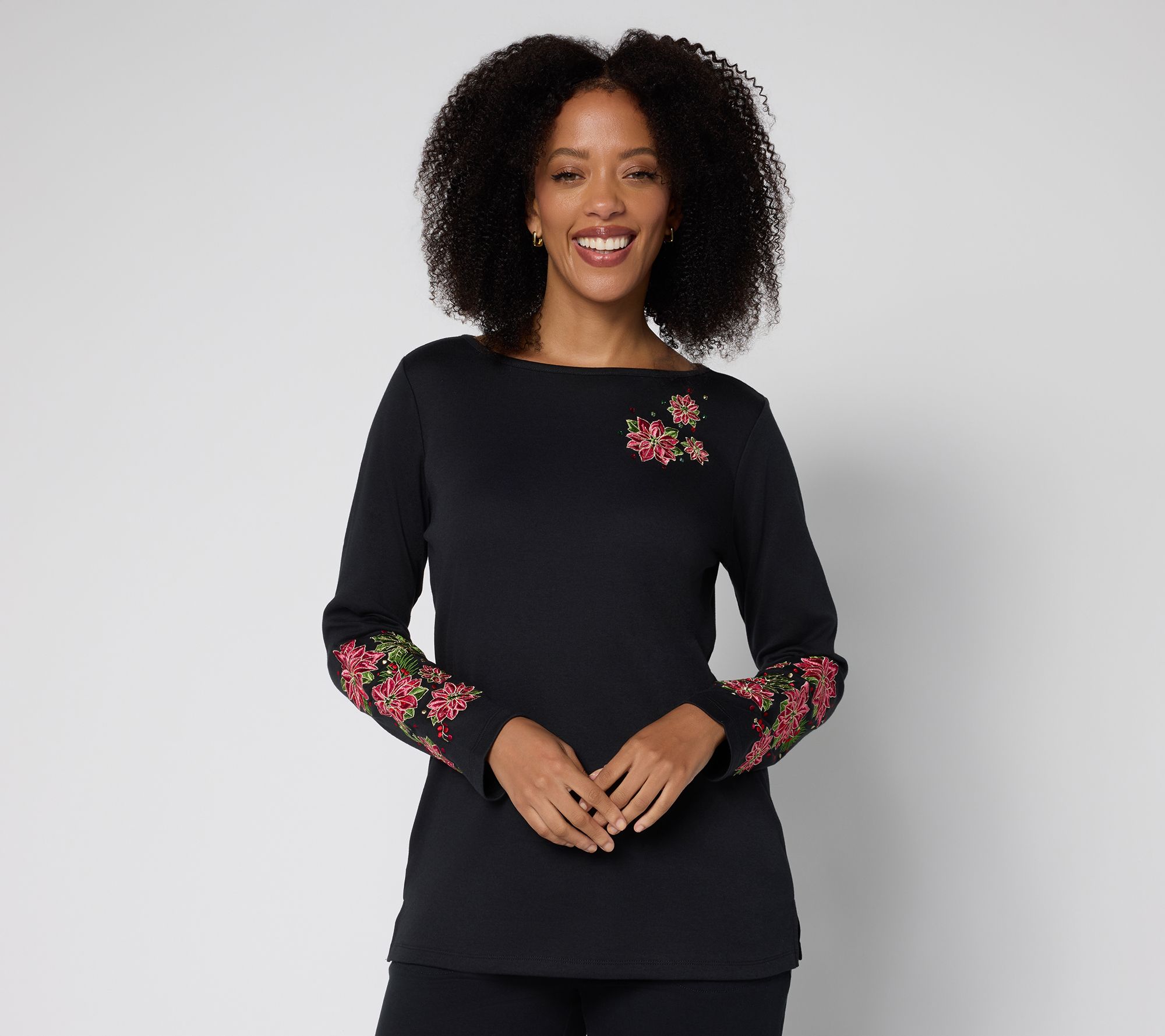 Quacker Factory Poinsettia Floral Bateau Long Sleeves Top
