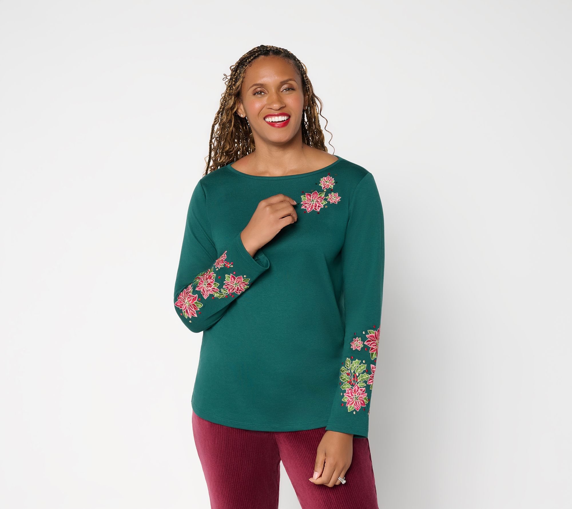 Quacker Factory Poinsettia Floral Bateau Long Sleeves Top