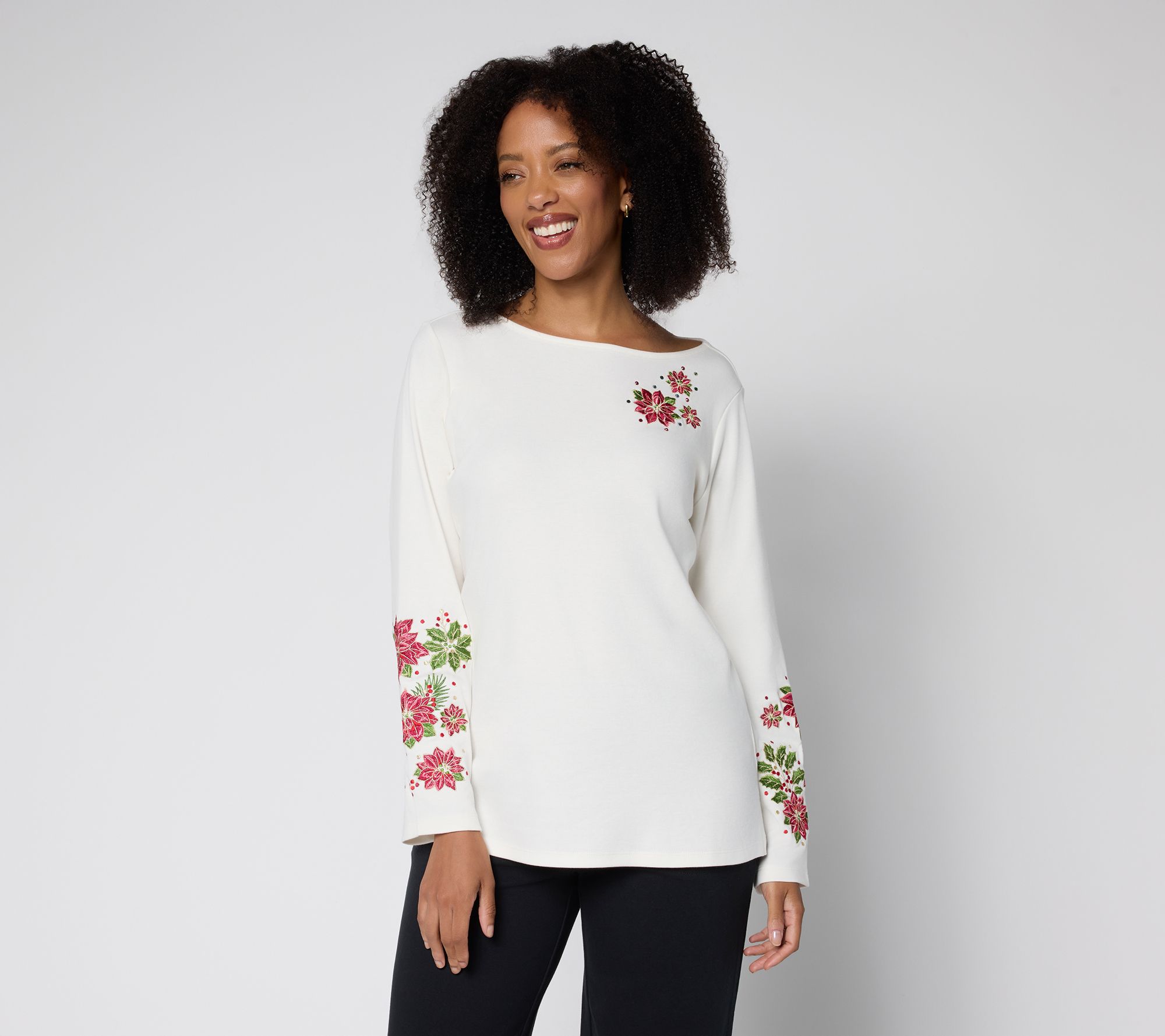 Quacker Factory Poinsettia Floral Bateau Long Sleeves Top