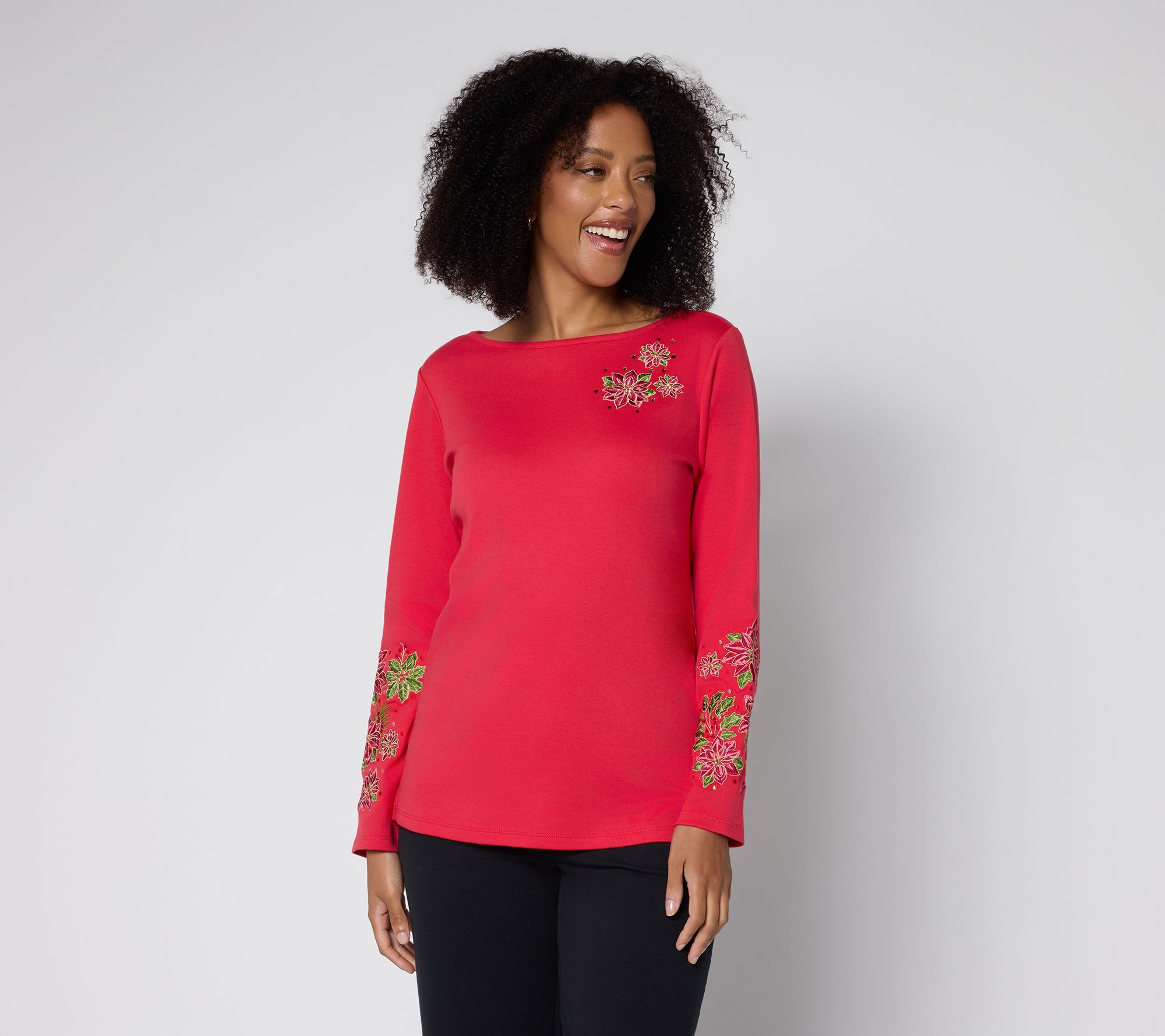 Quacker Factory Poinsettia Floral Bateau Long Sleeves Top