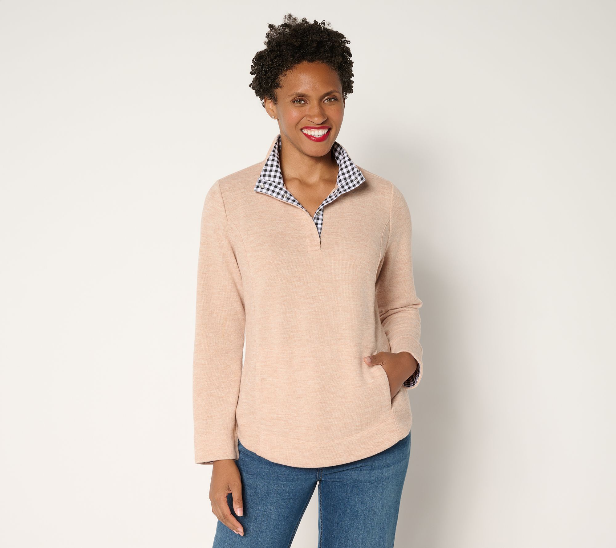 Denim & Co. Flat Back Rib Snap Henley Top with Contrast Print